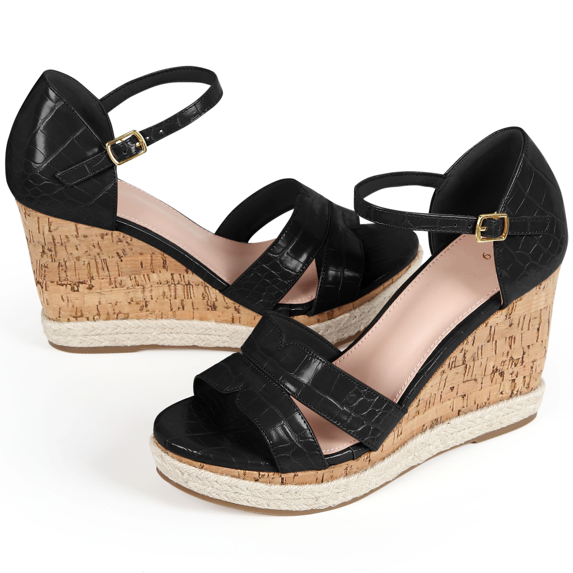 BLISSFUL STEP Women's Cork Platform Wedge Heel Open Toe Buckle Sandals