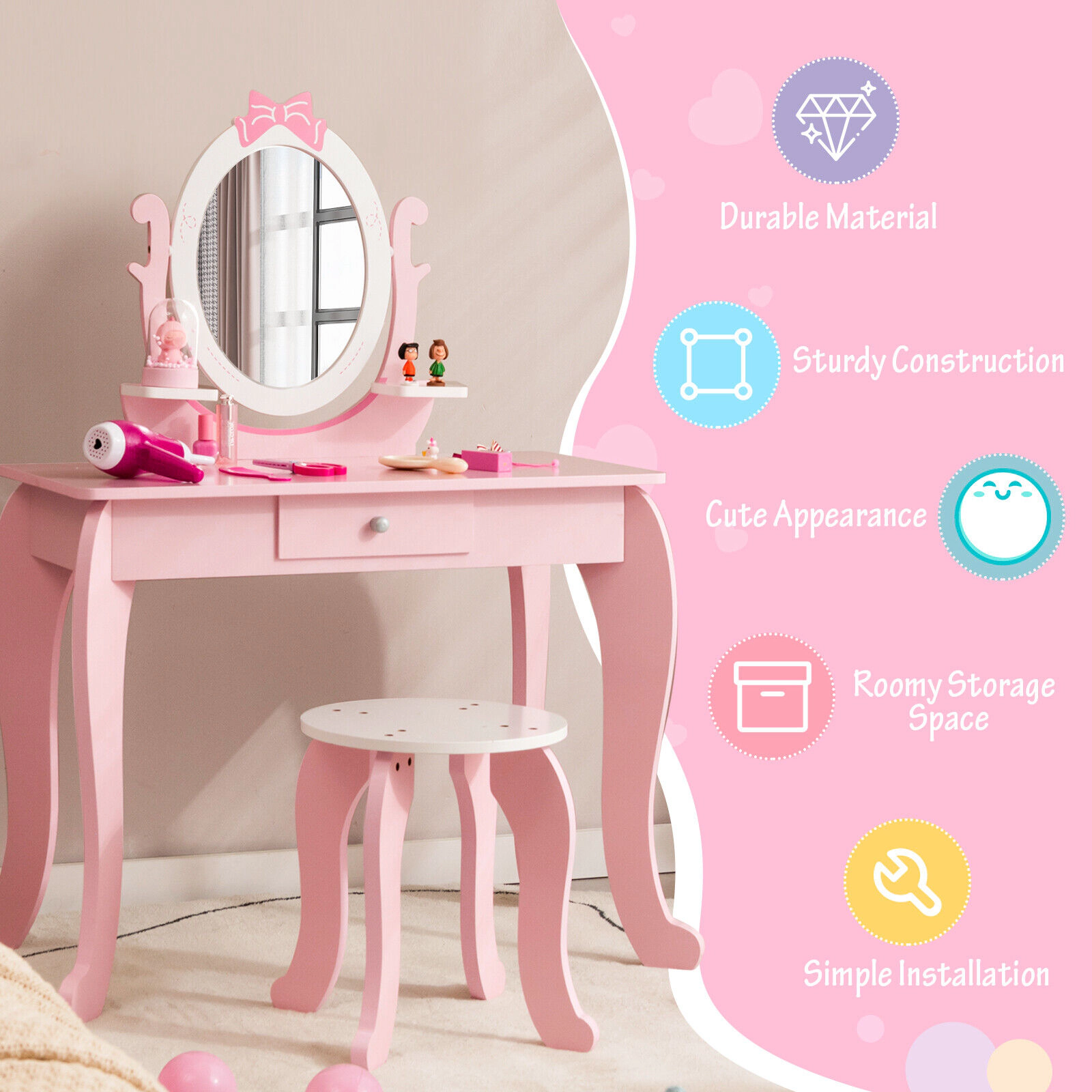 SUGIFT Pink Kids Vanity Table and Stool Set with Rotatable Oval Mirror