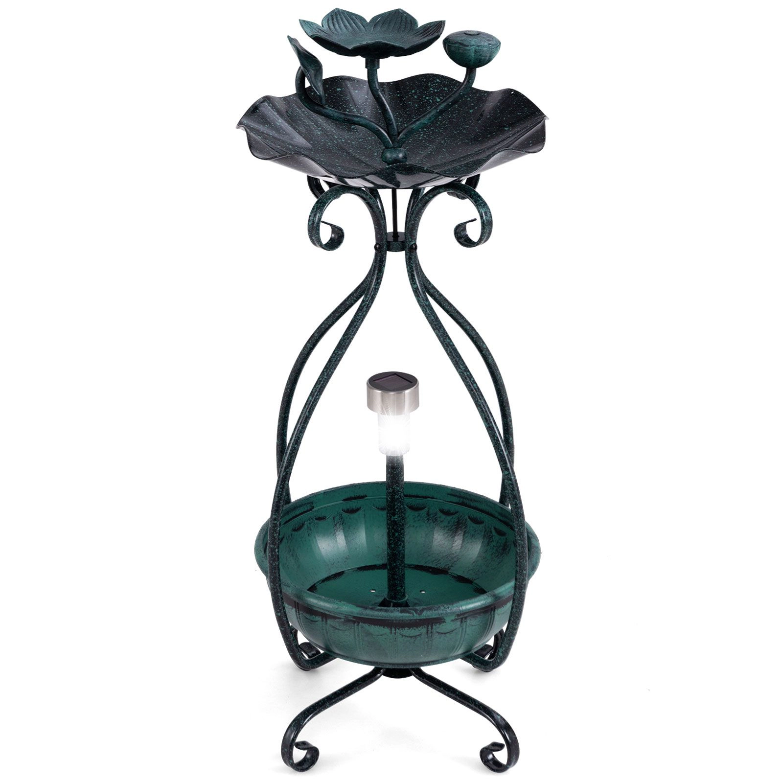 SlickBlue Standing Metal Birdbath with Solar Lights and Lotus Leaf Bowl