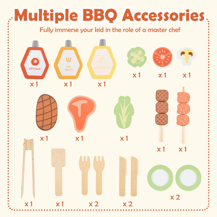 SUGIFT Wooden Barbecue Grill Playset with Chalkboard Sink and Cabinet 27-in Wide Countertop Ages 3+ 25-Piece Set Natural