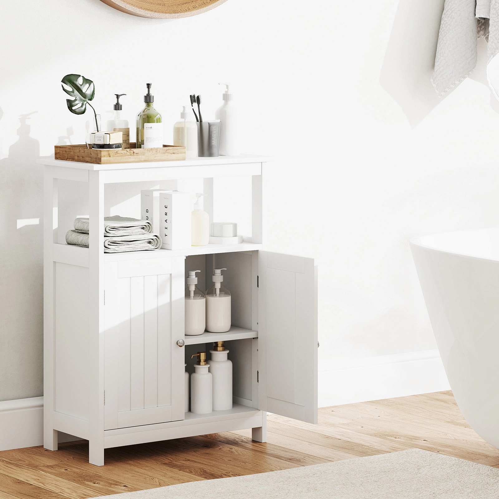 SUGIFT 2-Door Open Compartment Bathroom Floor Storage Cabinet 23.5-in x 12-in x 31.5-in 200-lb Capacity White