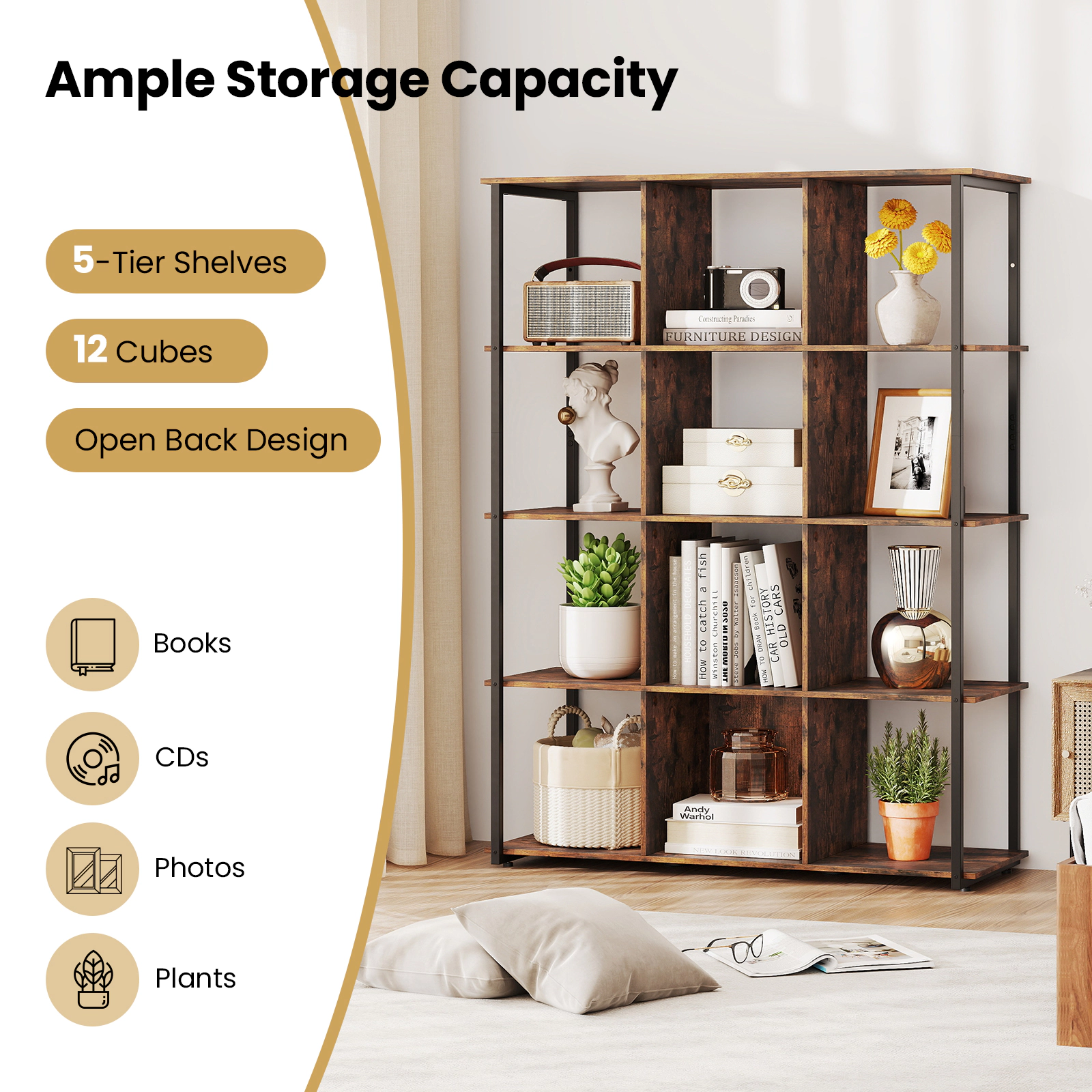 SUGIFT 12-Cube Rustic Brown 57-in Tall Cube Storage Organizer Bookshelf with 2 Anti-Tipping Kits