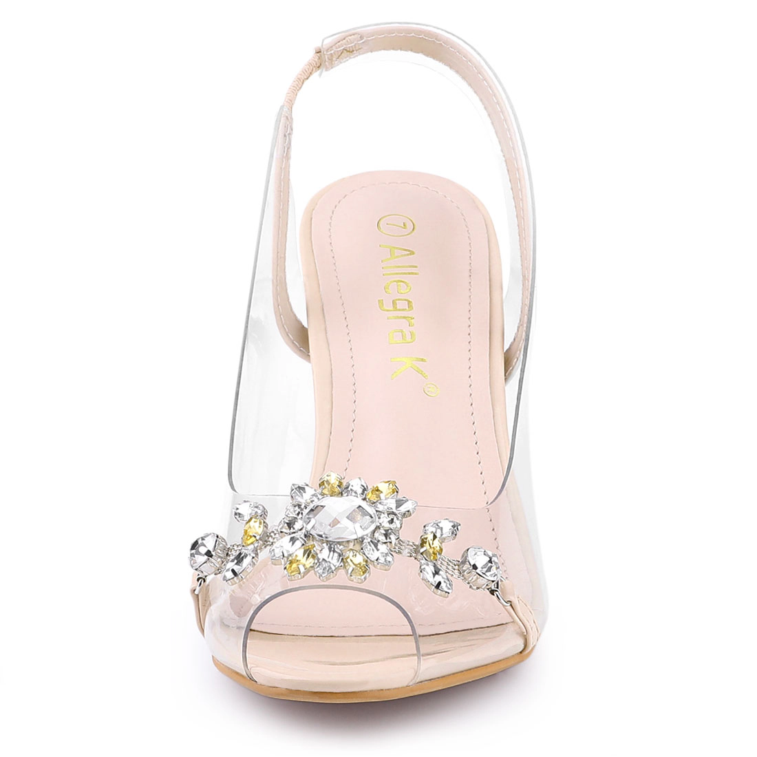 BLISSFUL STEP Women's Clear Slingback Flower Rhinestone Peep Toe Heels Sandals