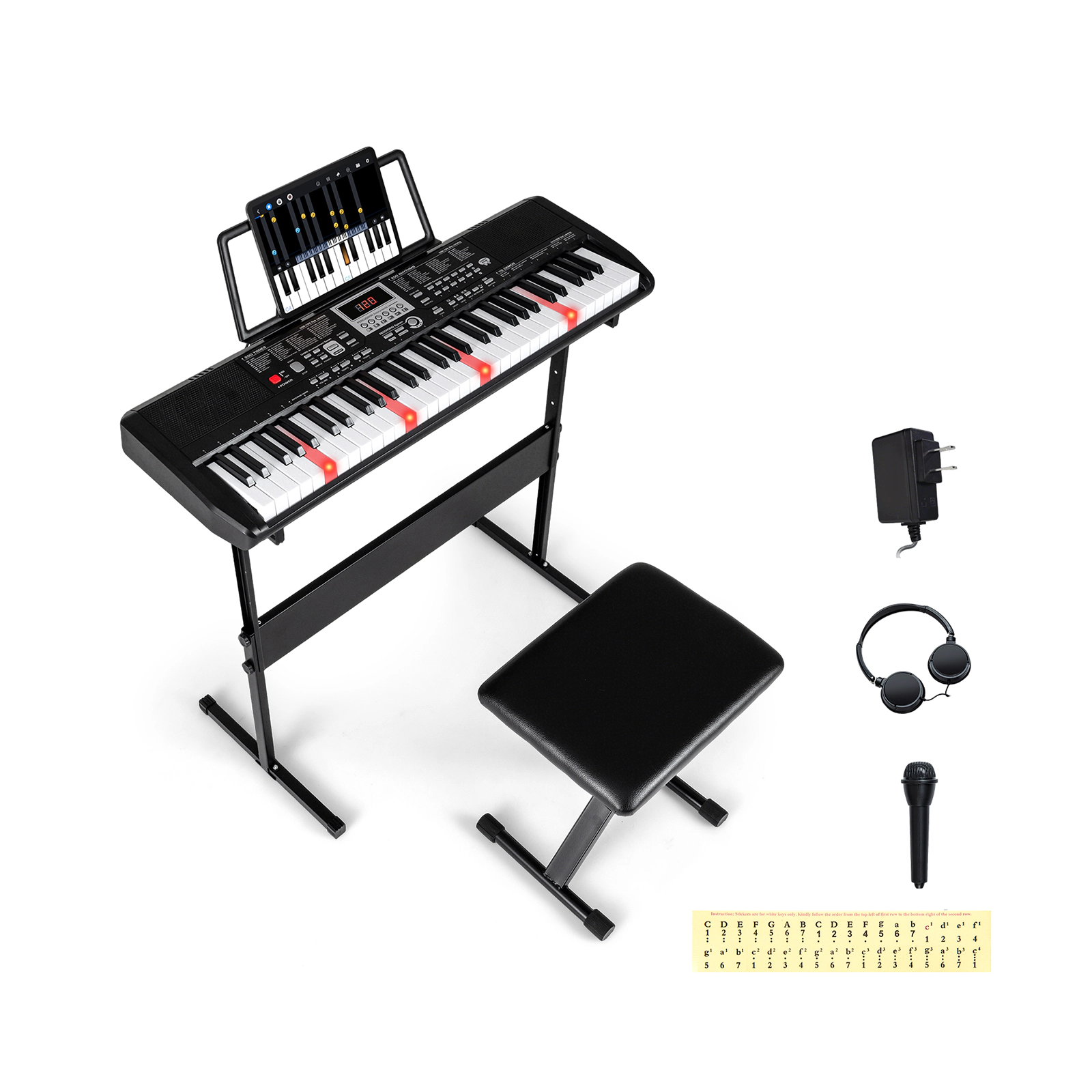 SUGIFT 61-Key Beginners Electric Piano Keyboard Kit with Adjustable Stand and Stool Black