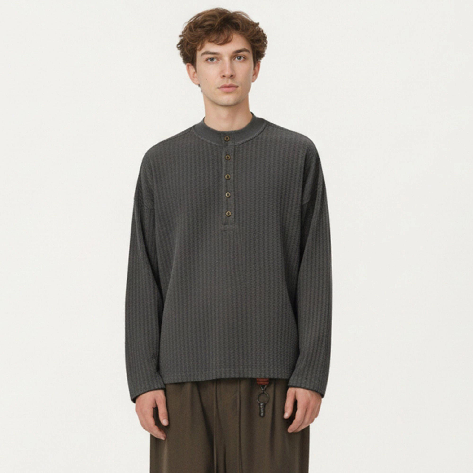 Anna-Kaci Men's Long Sleeve Ribbed Knit Henley Pullover with Button Placket and Relaxed Fit