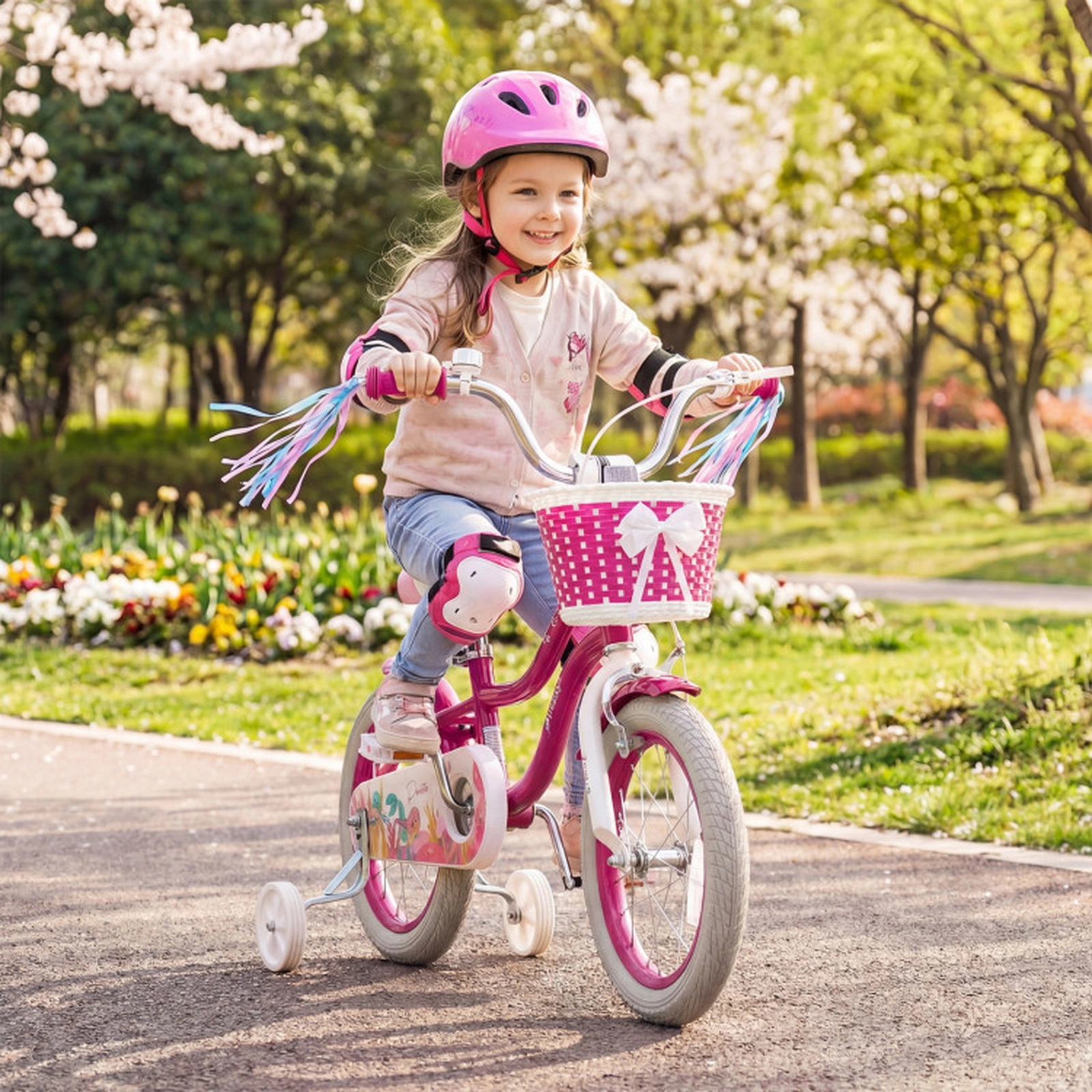 SUGIFT Rose Red Training Wheels Storage Basket Streamers and Mermaid Graphics Girls Bike