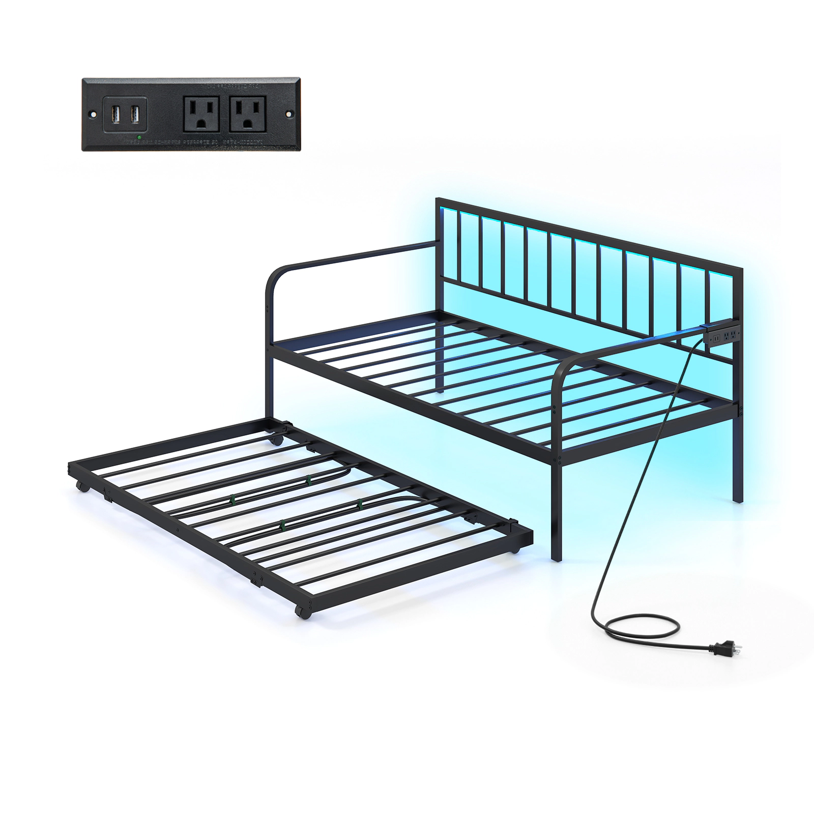 SUGIFT Black Pop-Up Trundle Charging Station and LED Lights Twin Metal Daybed