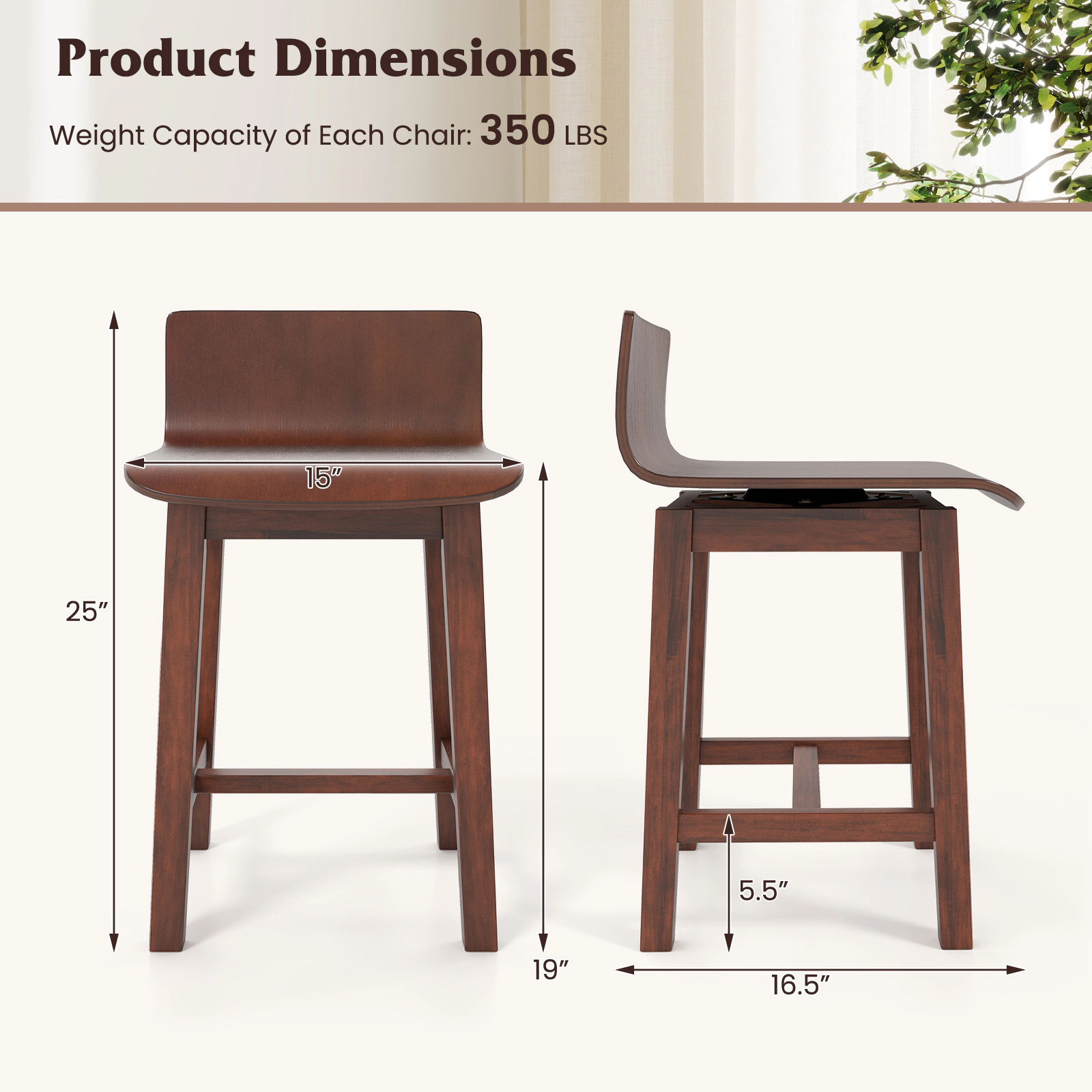 SUGIFT Walnut Swivel Low Back Curved Seat Footrest Set of 2 Dining Chairs