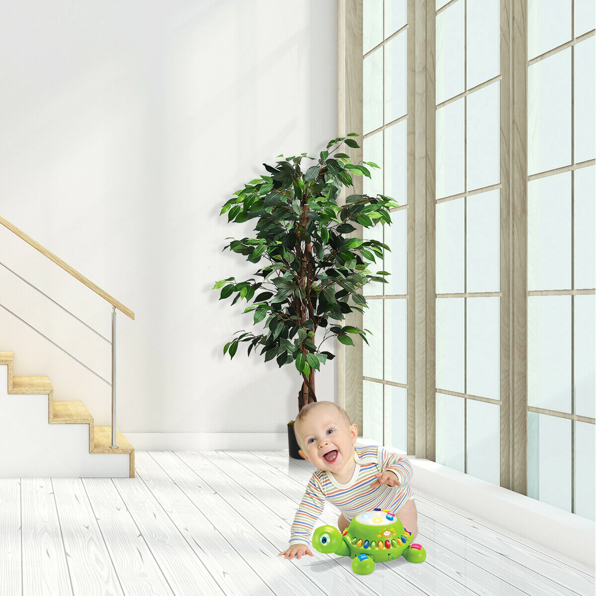 SlickBlue Artificial Ficus Floor Plant 4ft Cement Base Decorative Tree
