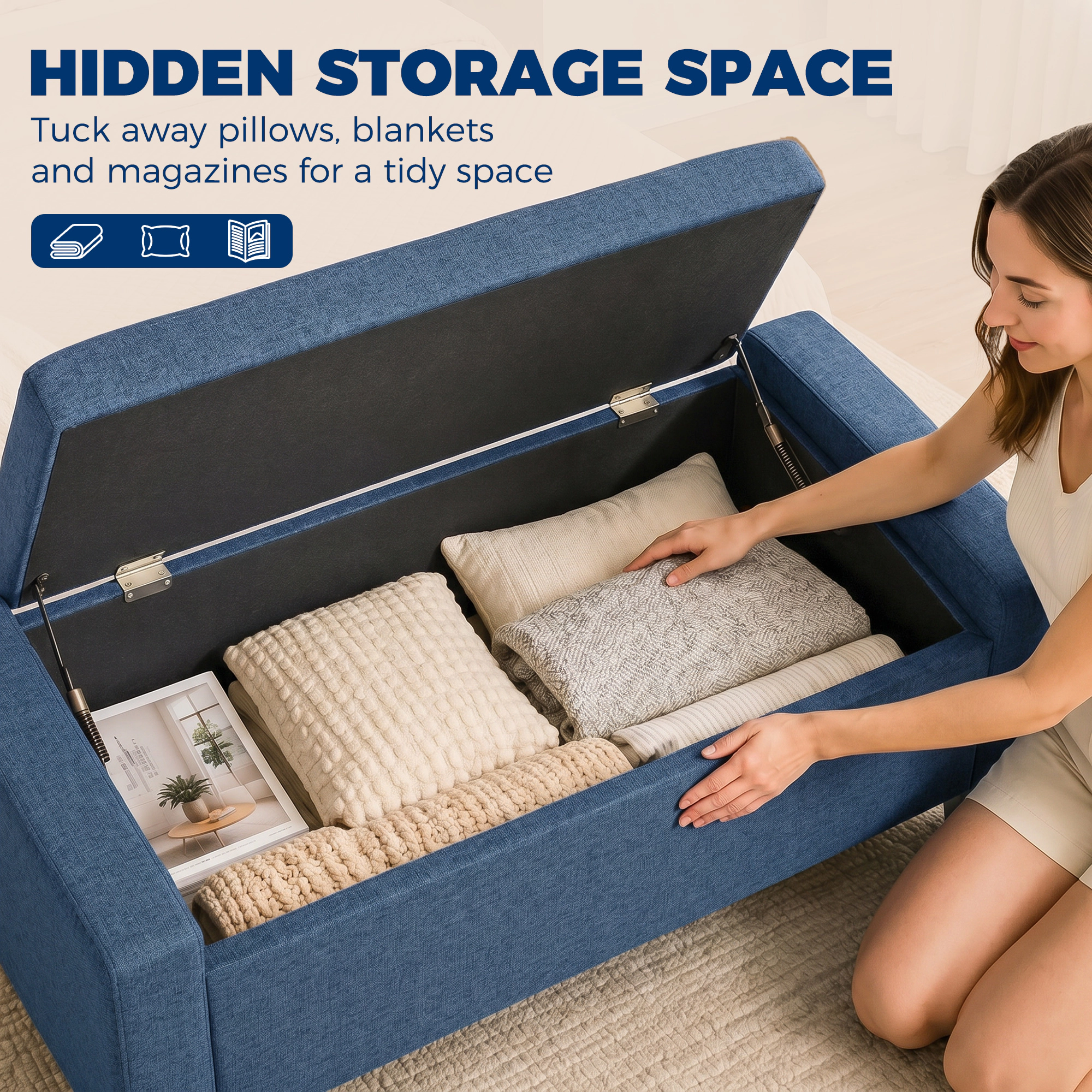 Hivvago Storage Ottoman Bench With Tufted Armrests And Wooden Legs