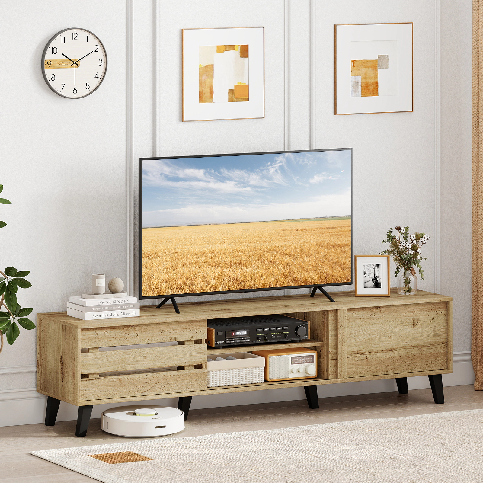 Glintex 71-Inch Mid-Century TV Stand with Sliding Door Cabinets, Oak