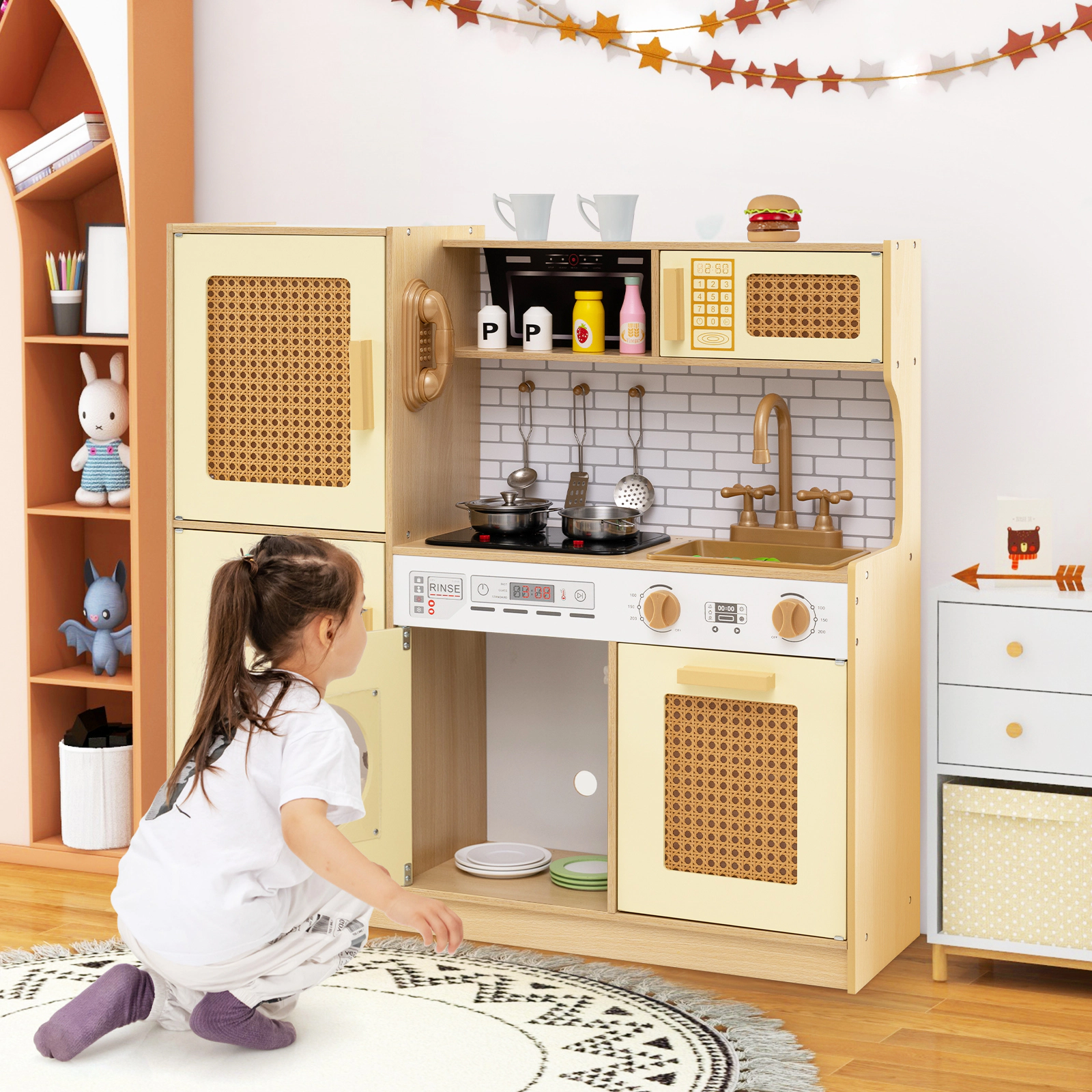 SUGIFT Wooden Kitchen Playset with Realistic Lights and Sounds for Ages 3+ Yellow
