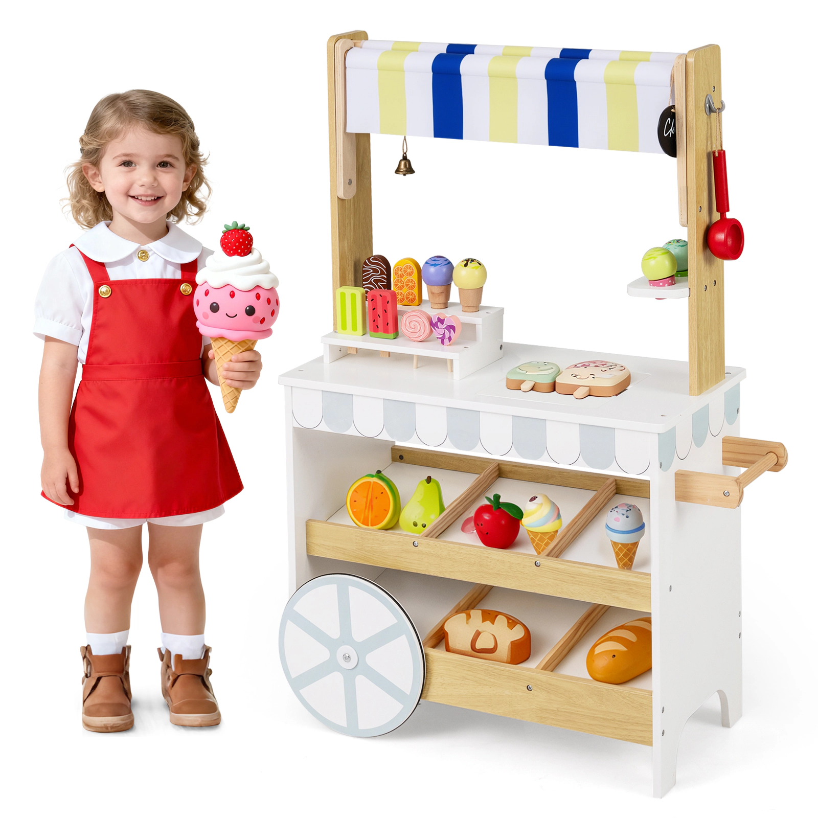 LJG Wooden Ice Cream Cart for Kids 2-in-1 Grocery Store Playset with Display Shelves