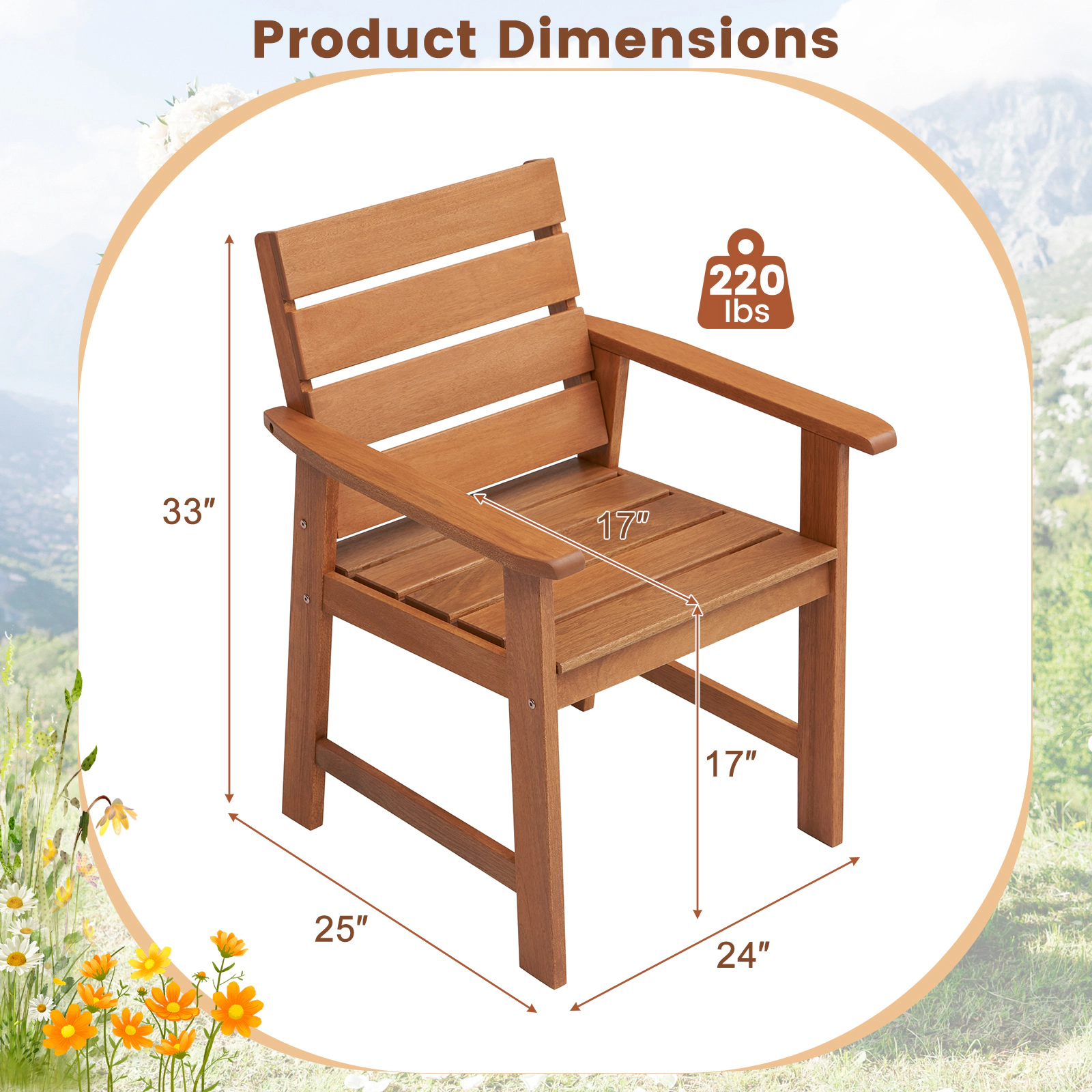 SUGIFT 2 Piece Patio Hardwood Chair Set with Slatted Seat and 102° Inclined Backrest 220-lb Capacity Natural