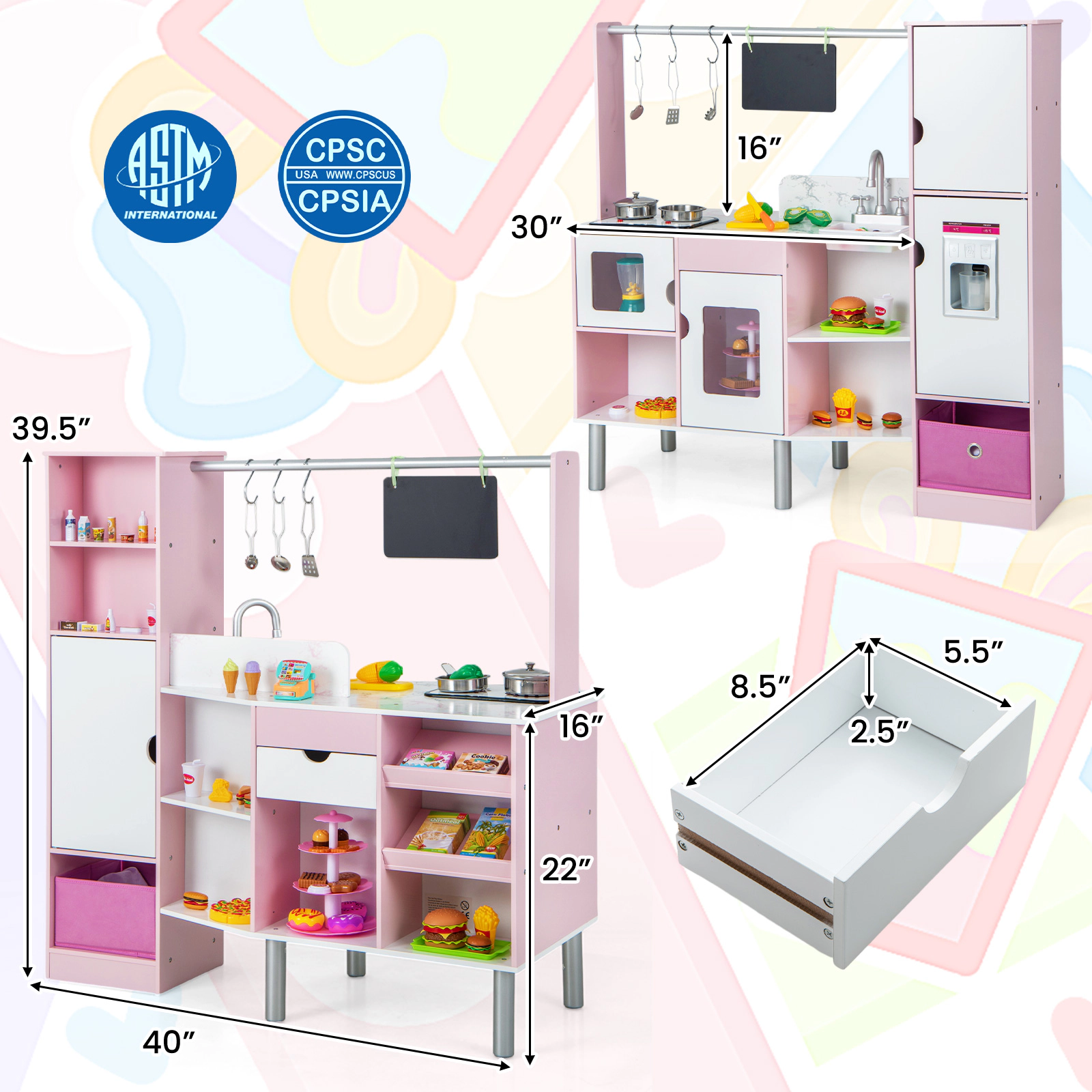 SUGIFT Pink Light and Sound 2-in-1 Double-Sided Kids Play Kitchen and Market Stand