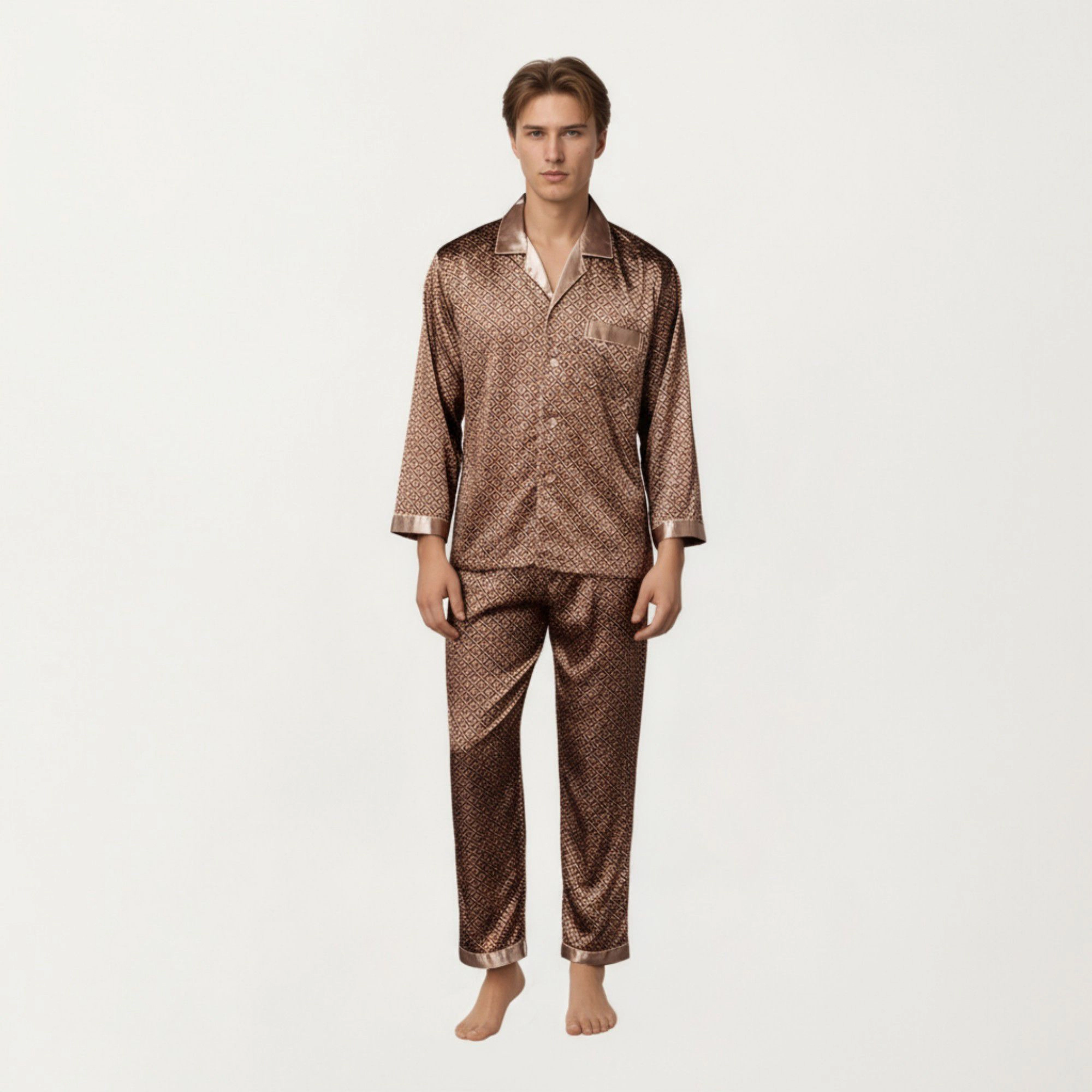 Anna-Kaci Men's 2-Piece Satin Pajamas with Geometric Print Button Up Top and Matching Pants