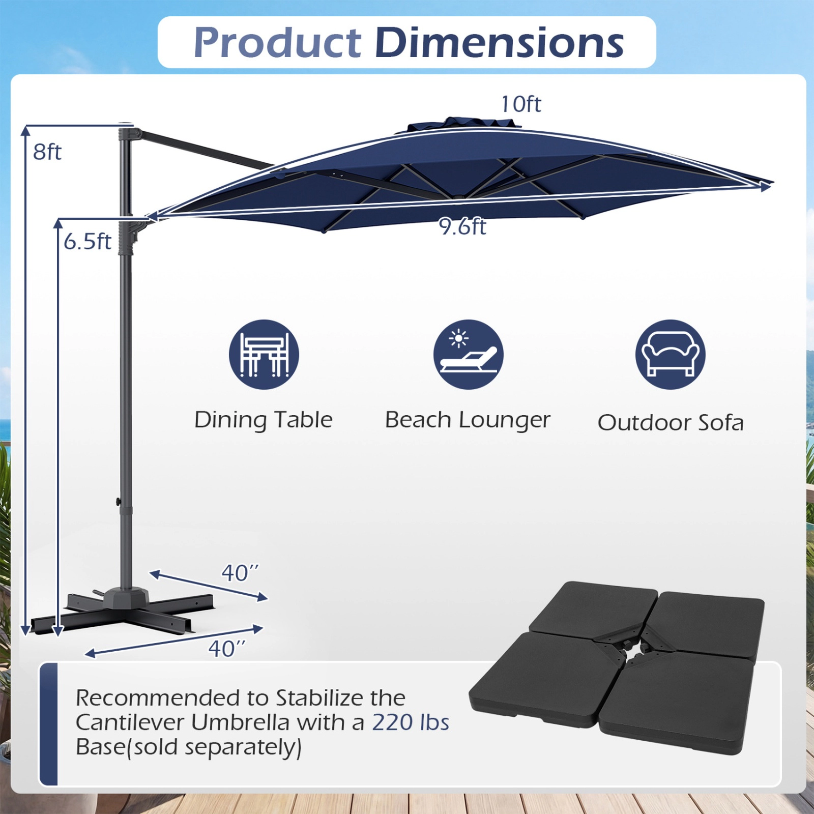 SUGIFT 10-ft Navy Blue Offset Cantilever Patio Umbrella with 360-Degree Rotation Vented Top and Cross Base