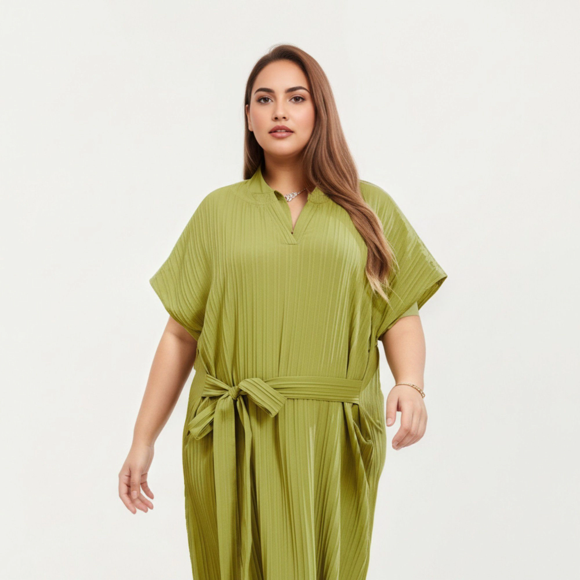 Anna-Kaci Women's Pleated Midi Dress Flowing Texture Relaxed Drop-Shoulder Sleeves and Adjustable Fabric Tie Waist Belt