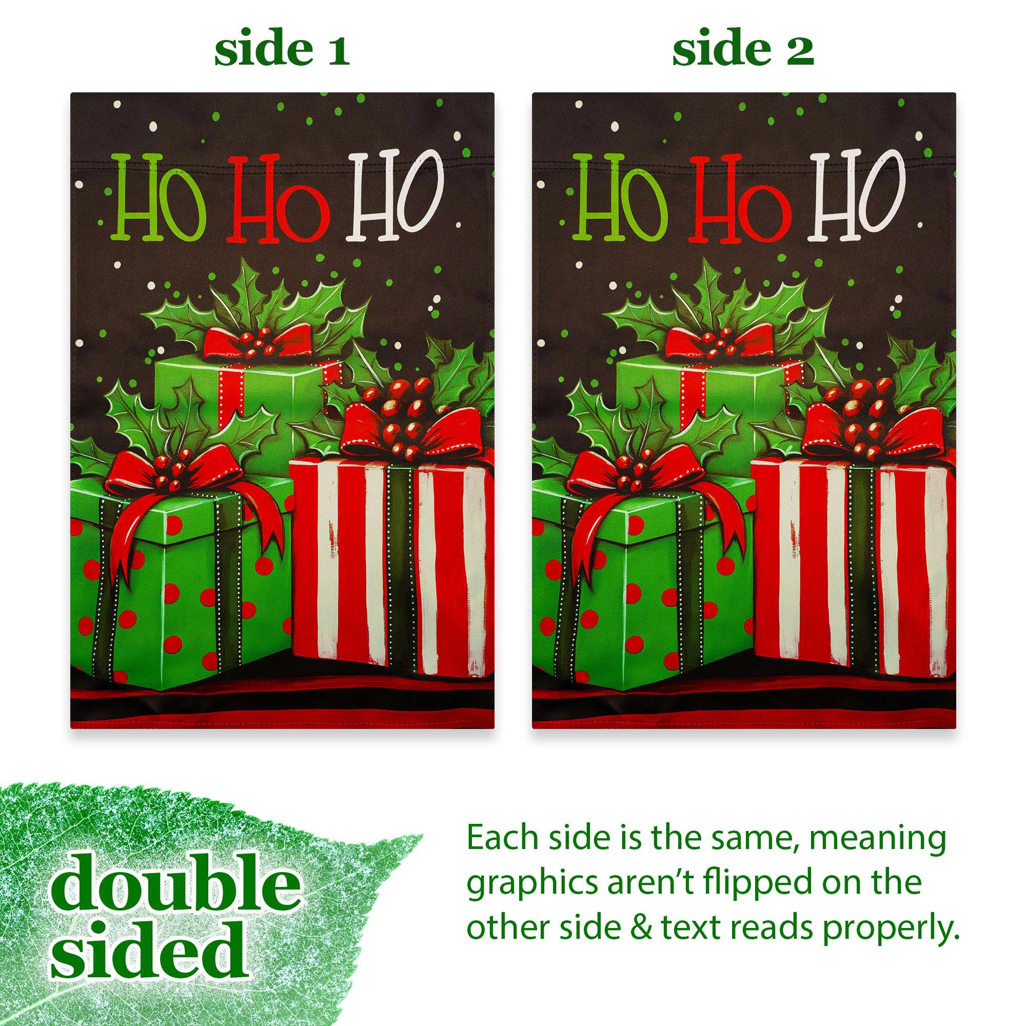 G128 Ho Ho Ho Christmas Gift Box Garden Flag 12x18 inch, Double-Sided Blockout Polyester