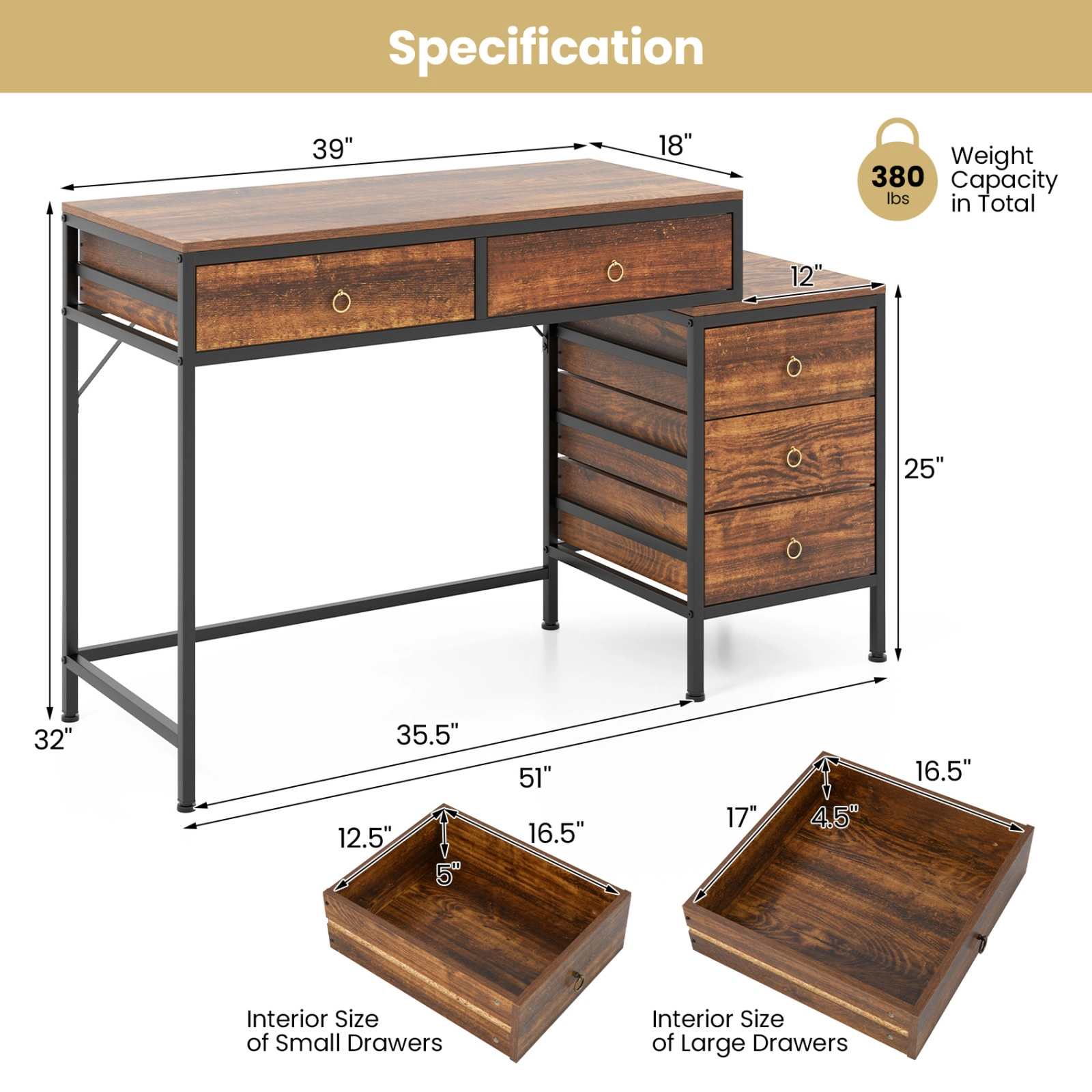 SUGIFT 51-in Computer Desk with 5 Drawers and Side File Cabinet 380-lb Capacity Rustic Brown & Black Home Office Desk