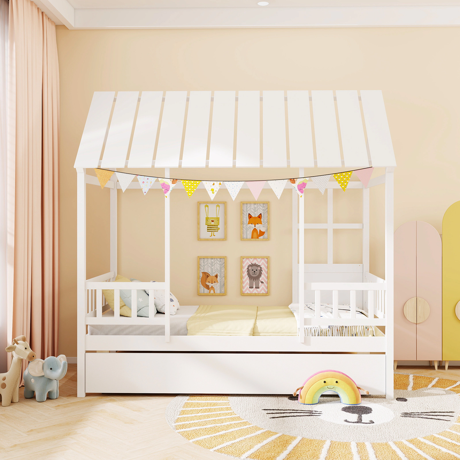 SUGIFT Twin House Bed with Trundle, Roof Window, Guardrails, White Pine Wood