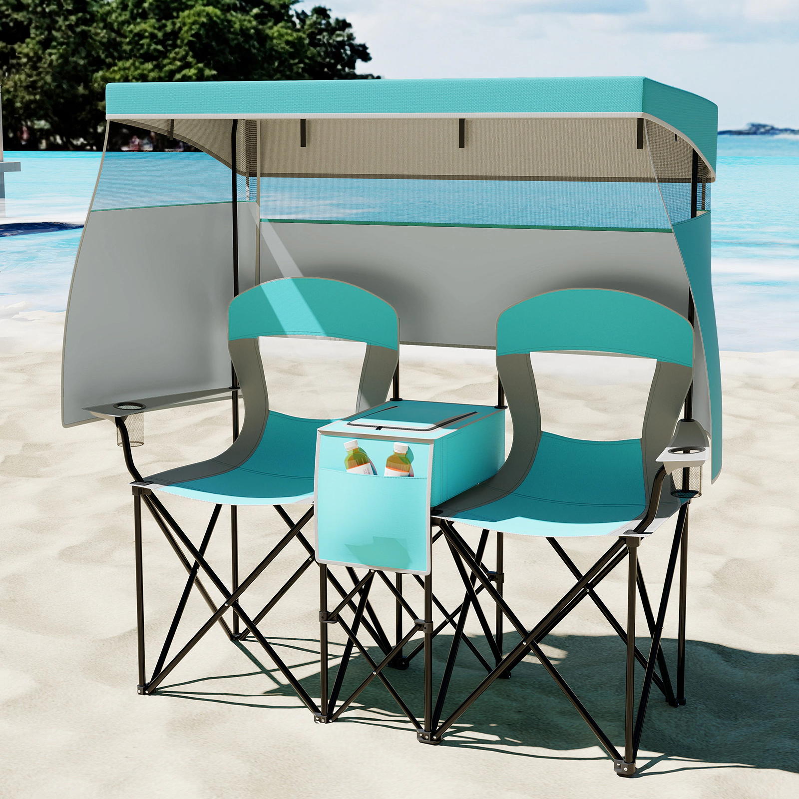 SUGIFT Double Beach Chair Turquoise with Adjustable Canopy and 3 Side Shading Curtains