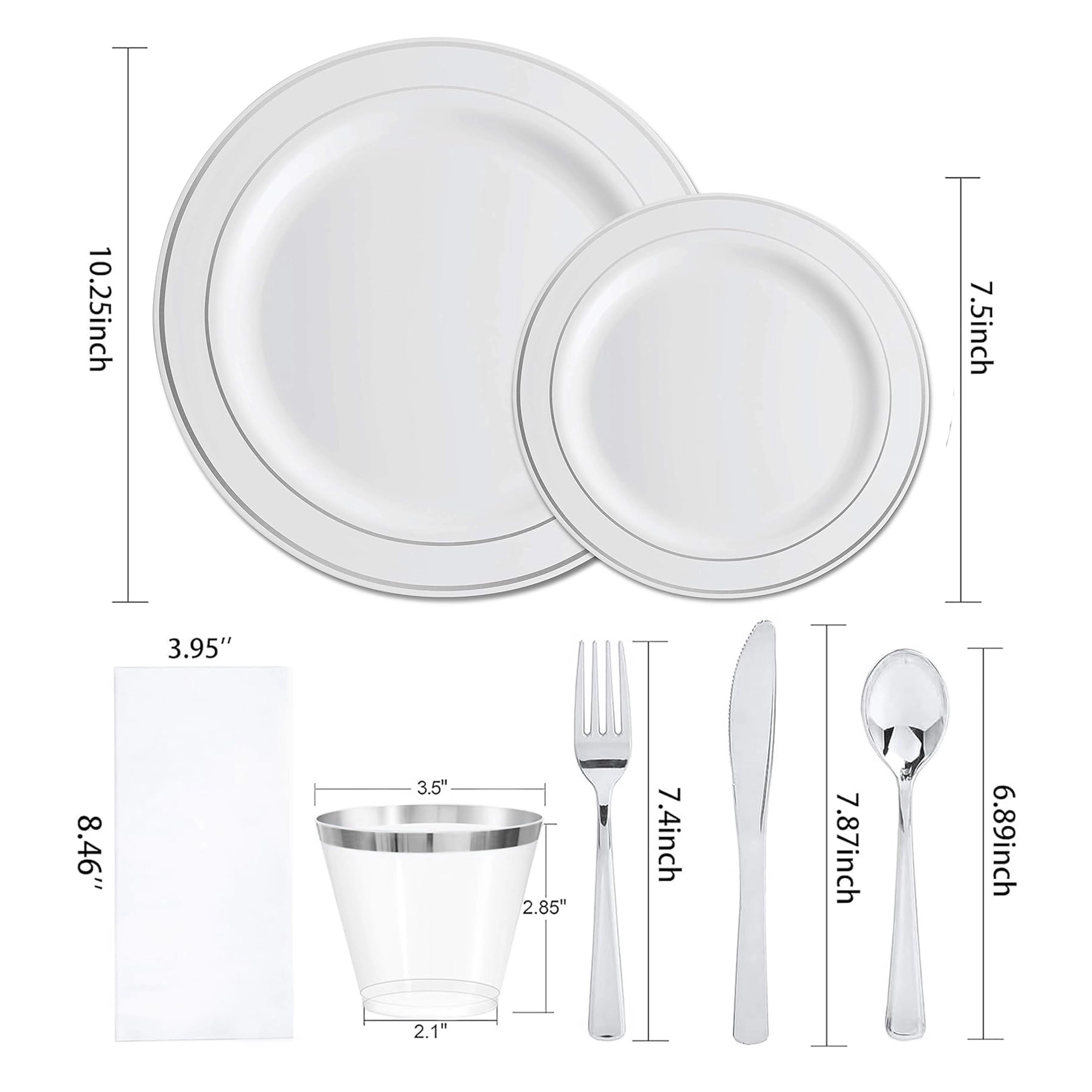 Elama 350 Piece Disposable Plastic Dinnerware Party Set for 50 Guests in White with Silver Trim