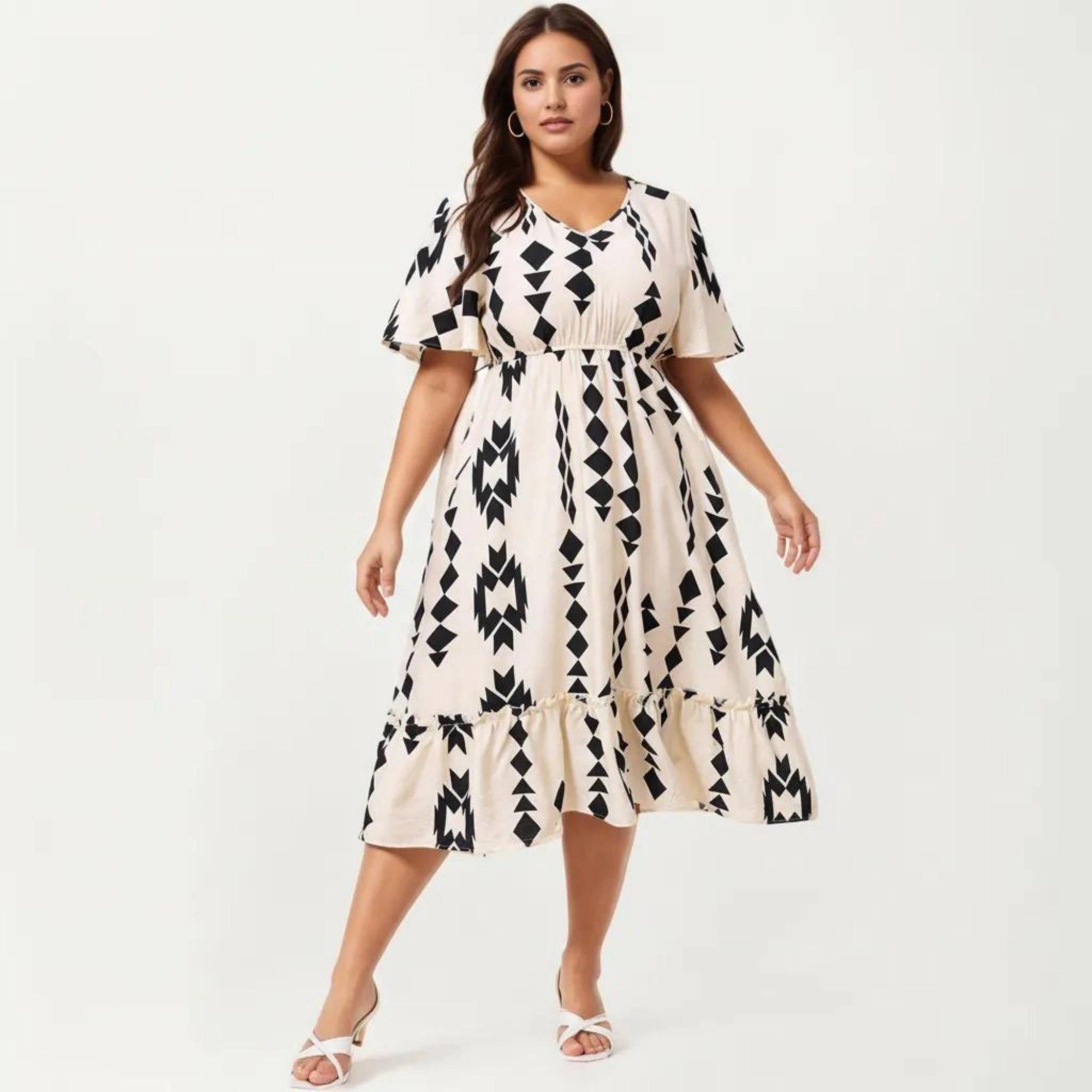 Anna-Kaci Women's Short Sleeve V Neck Elastic Waist Geometric Print Tiered Hem Flowy A Line Midi Dress