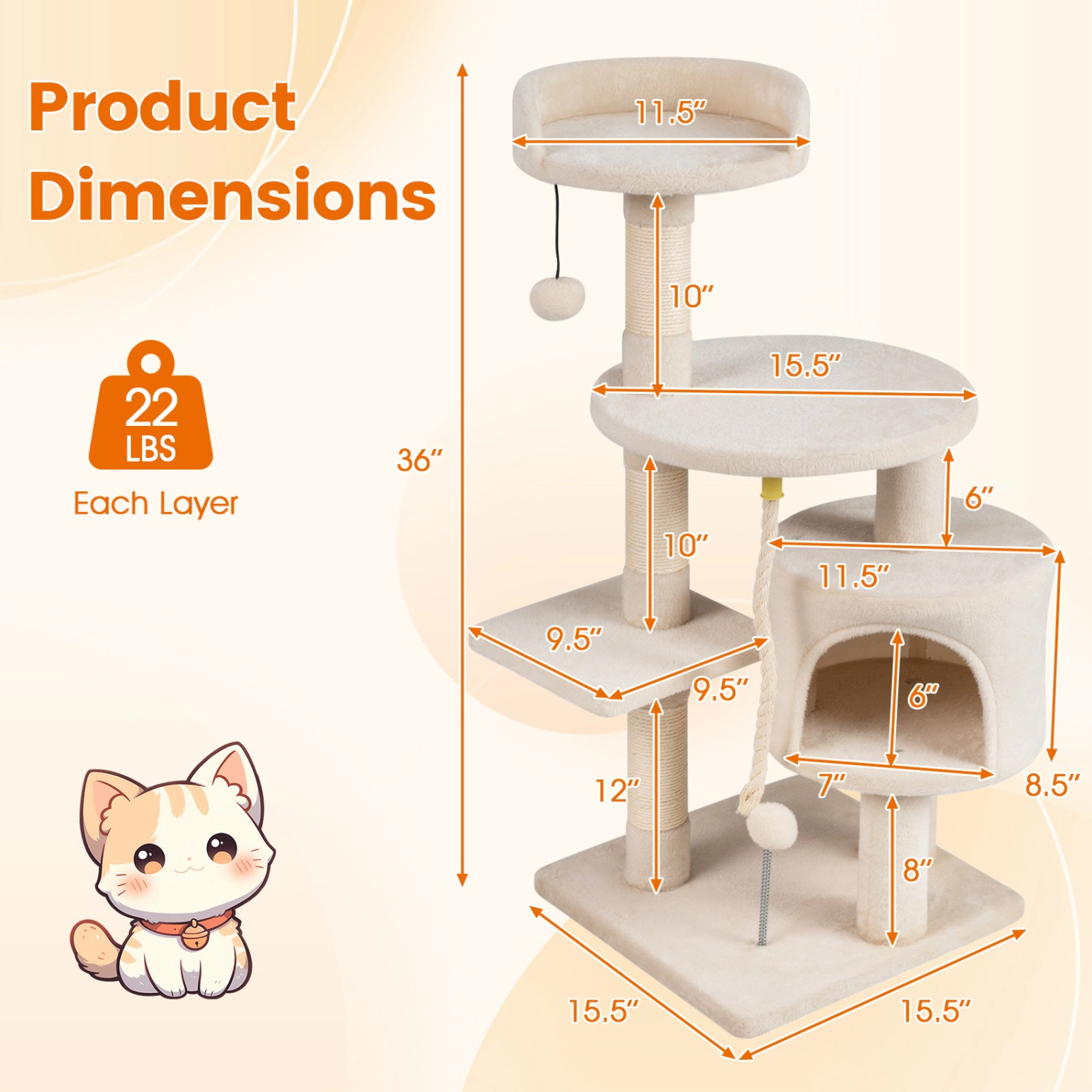 SUGIFT Beige 36 in Kitten Tower with 11.5 in Condo Raised Edge Perch and 3 Posts