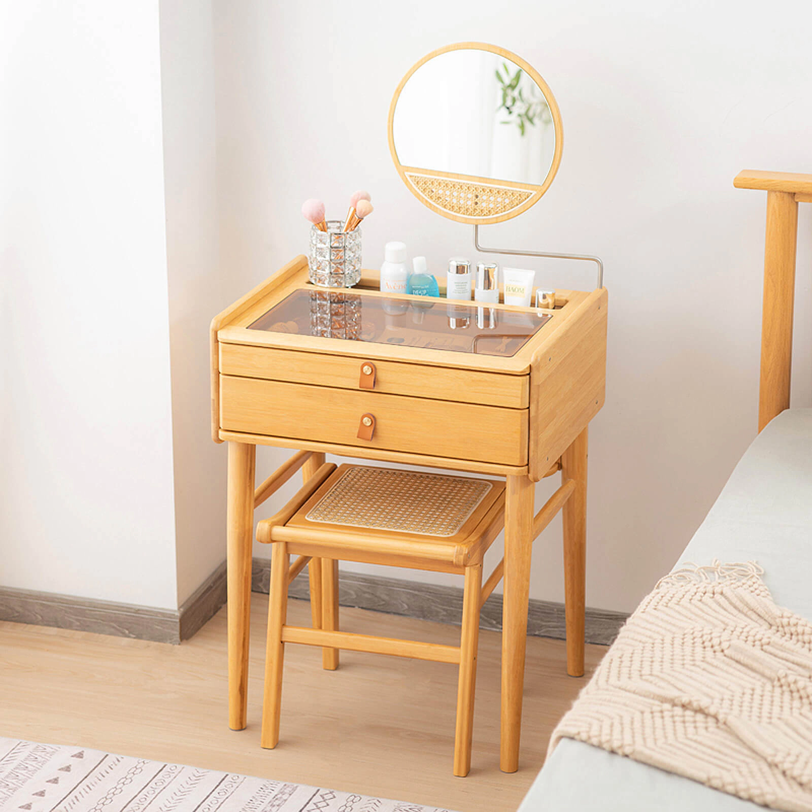 SUGIFT Bamboo Makeup Vanity Table with Stool and Rotating Mirror 155-lb Table Capacity 265-lb Stool Capacity Natural