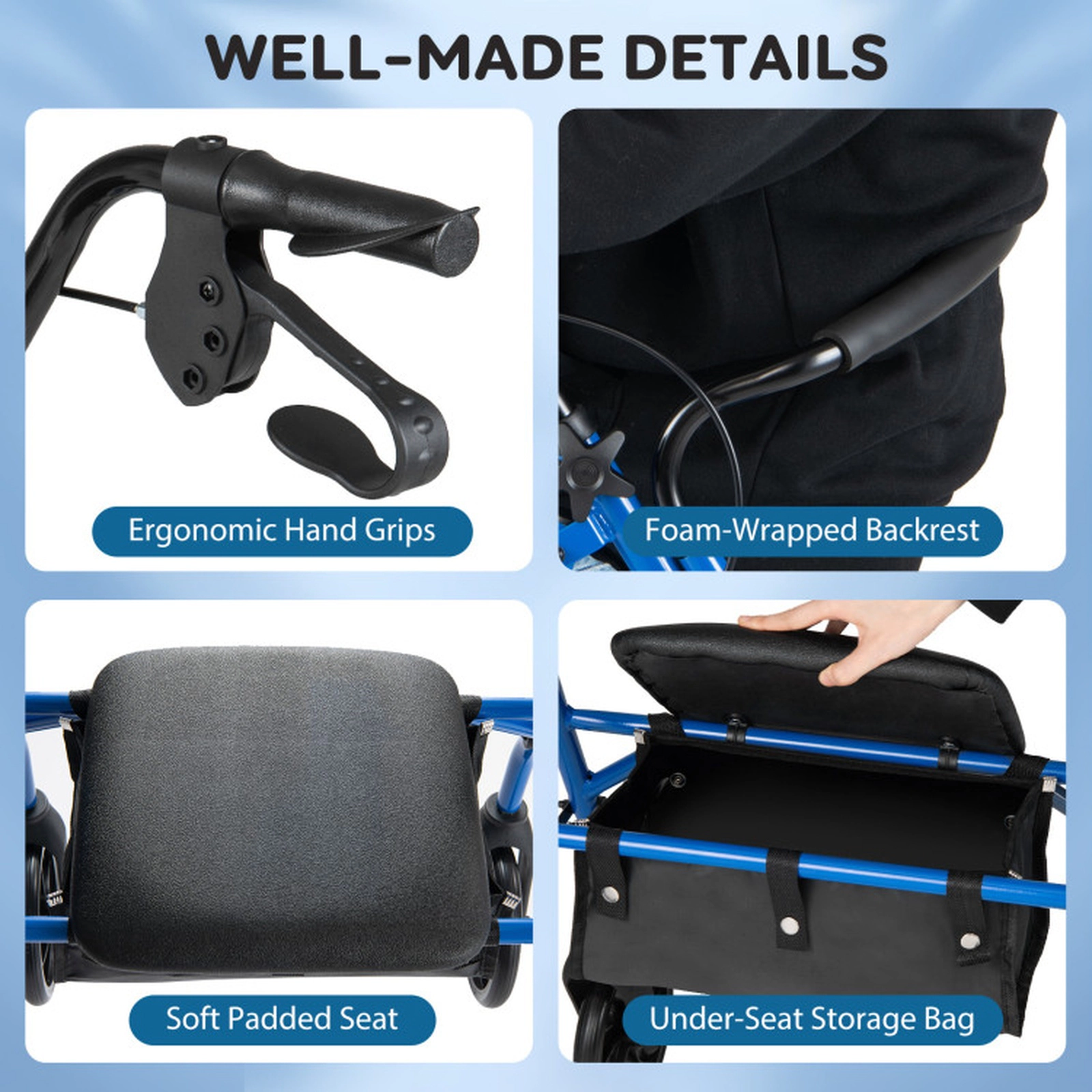 SUGIFT Blue Rollator Walker with Backrest and 7-Level Adjustable Handles 28-in W 23.5-in D 220-lb Seat Capacity
