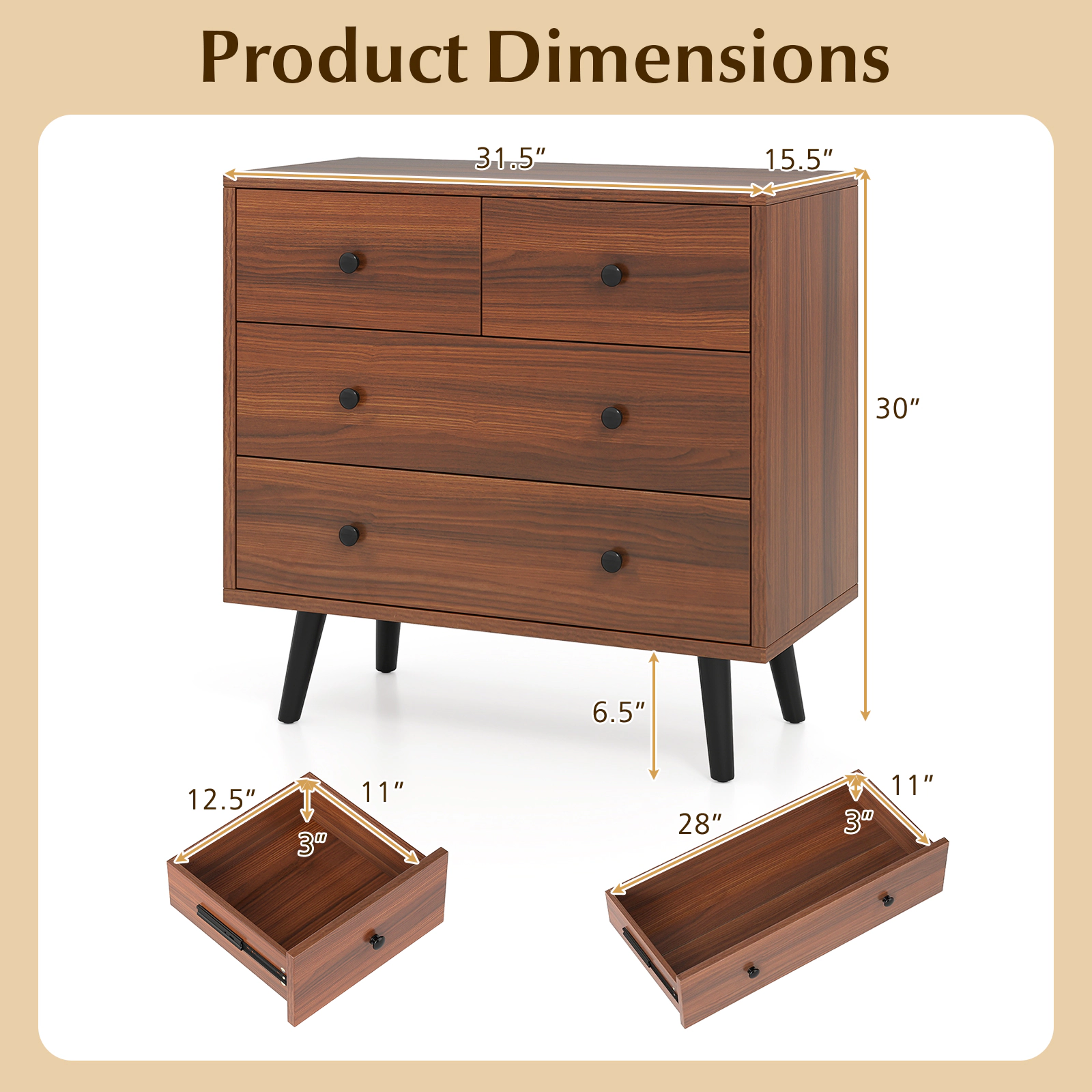 SUGIFT Wide Wooden Dresser with 4 Drawers 110-lb Countertop Capacity Bedroom Living Room Walnut