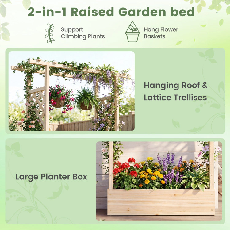 Hivvago 45 inch Tall Wooden Raised Garden Bed with Side Trellis and Hanging Roof