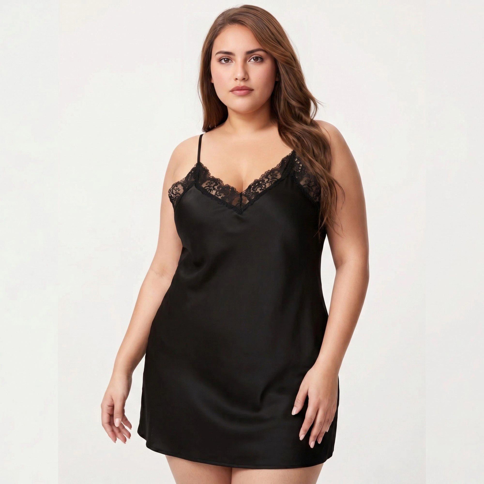 Anna-Kaci Women's Plus Satin Chemise Lace Trim V Neck Sleep Dress Adjustable Strap Slip Nightgown