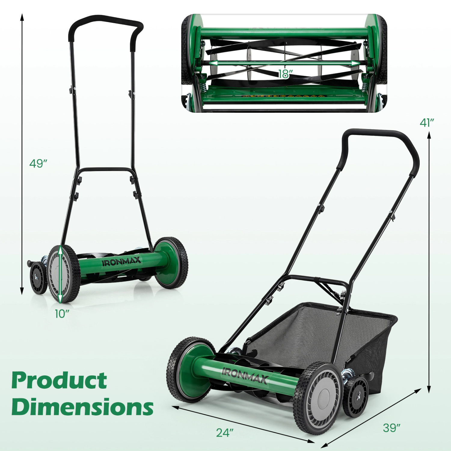 LJG 18 Inch Push Reel Lawn Mower 4-Position Adjustable with Removable Grass Catcher