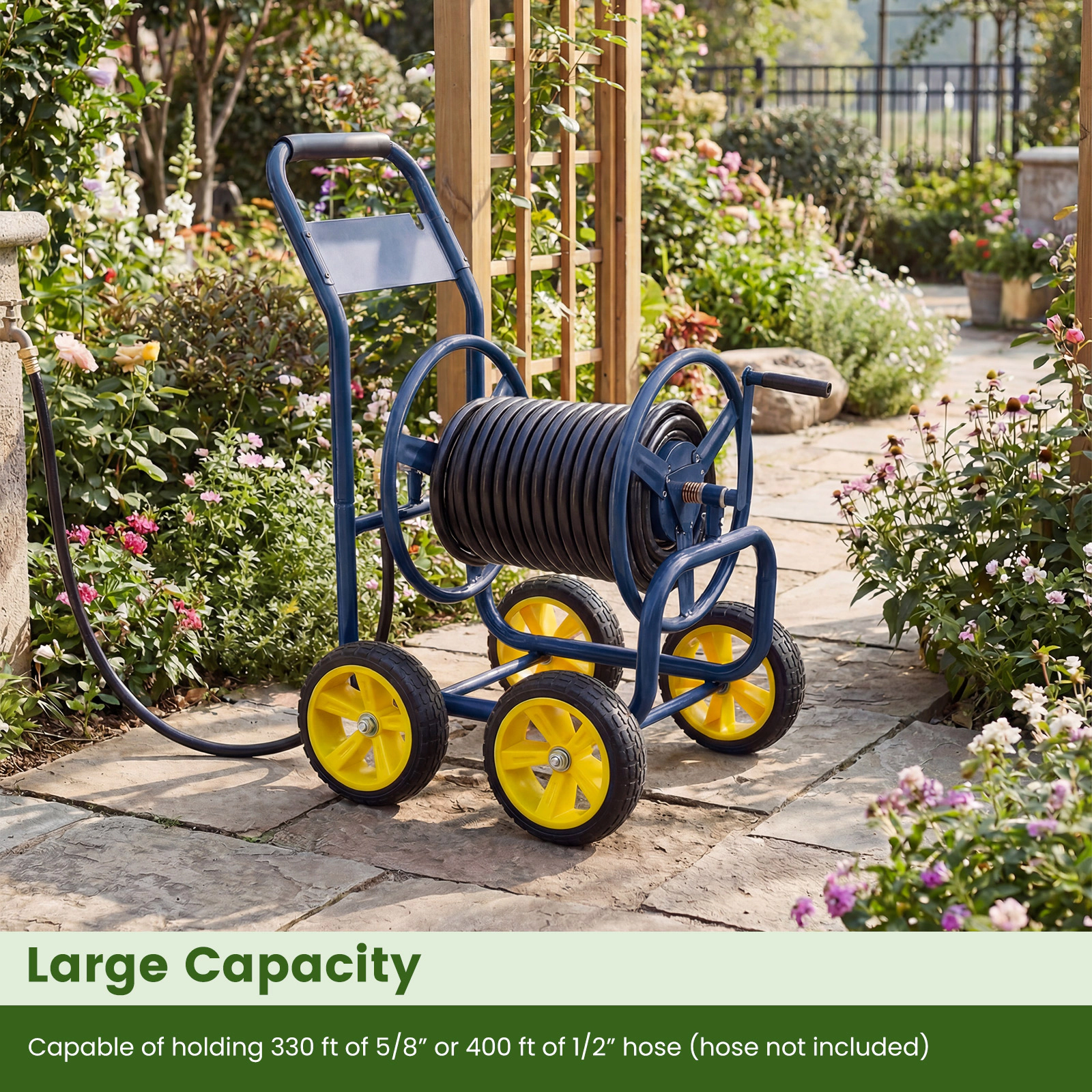 SUGIFT Navy Garden Hose Reel Cart with 4 Wheels Brass Fittings and Metal Frame for 330-ft of 5/8-in Hose