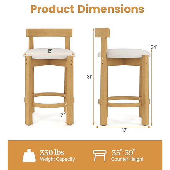 Glintex 4-Piece 24-Inch Teddy Velvet Counter Stool Set with a Backrest, Natural