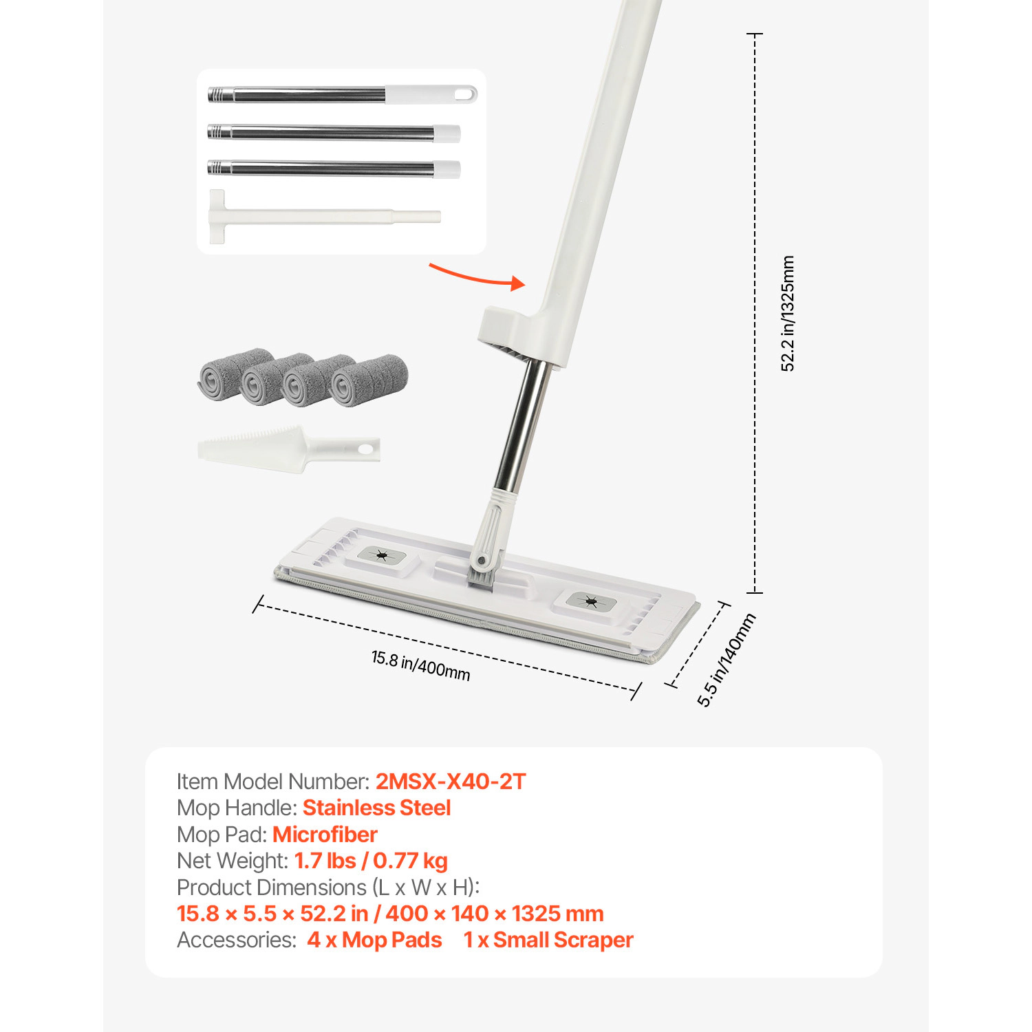 HONGGE Wet & Dry Flat Mop with Washable Microfiber Pads and Stainless Steel Handle for Hardwood Tile Vinyl