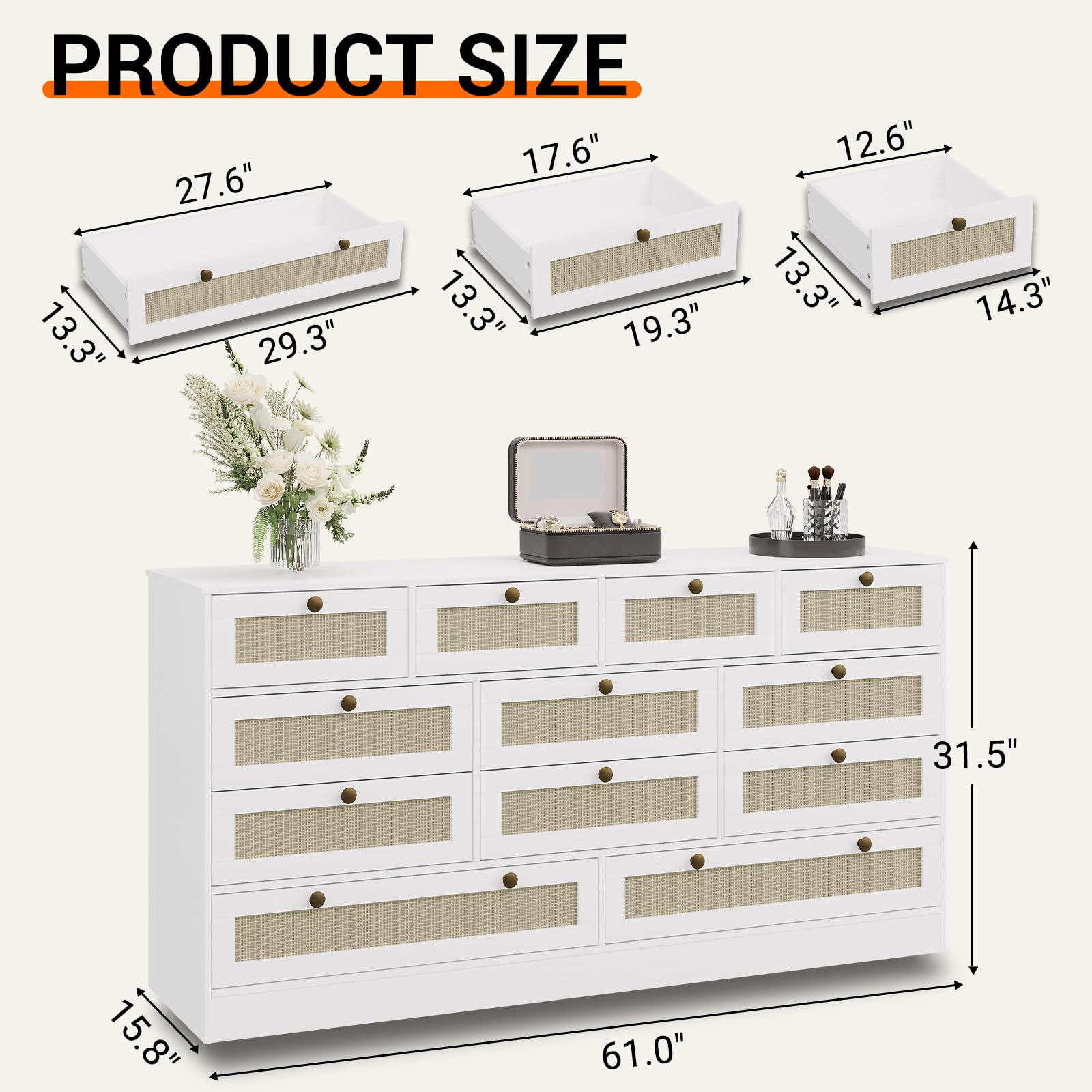 12 Drawer Wooden Dresser, 61" Wide Chest of Drawers, Modern TV Stand for 65" TV & Storage Organizer