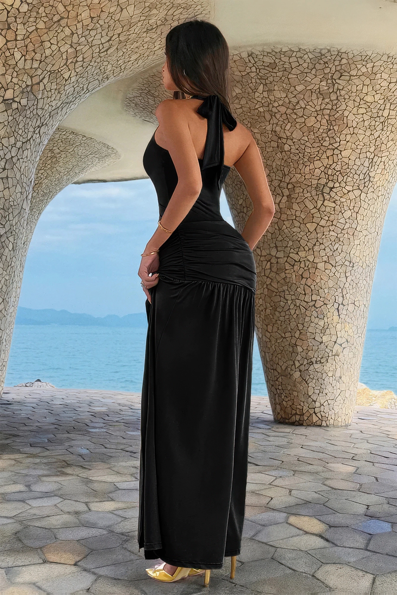 TRUEDAMES Women Halter Pleated High Split Backless Maxi Dress