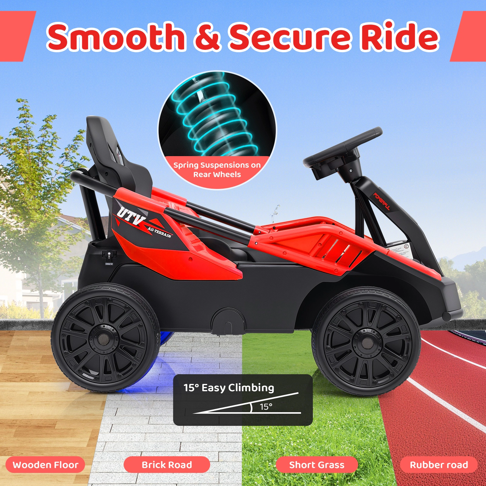 SUGIFT 12V Electric Ride-On UTV Car with Remote, Music and LED Lights 110-lb Capacity Ages 37-95 Months Red