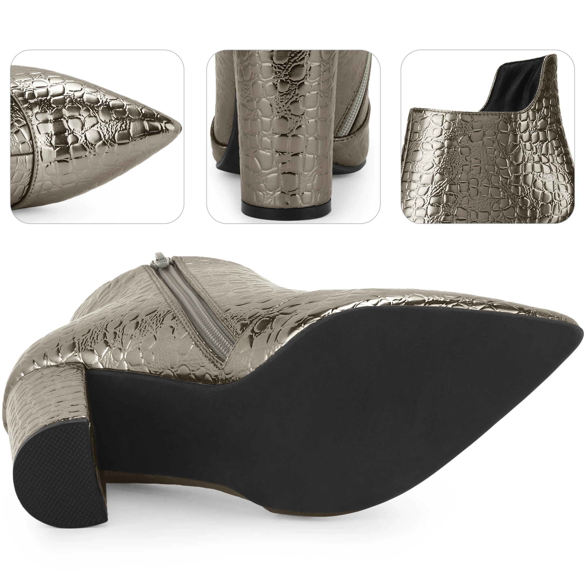 BLISSFUL STEP Women Stone Printed Pointed Toe Chunky Heel Ankle Boots Side Zip