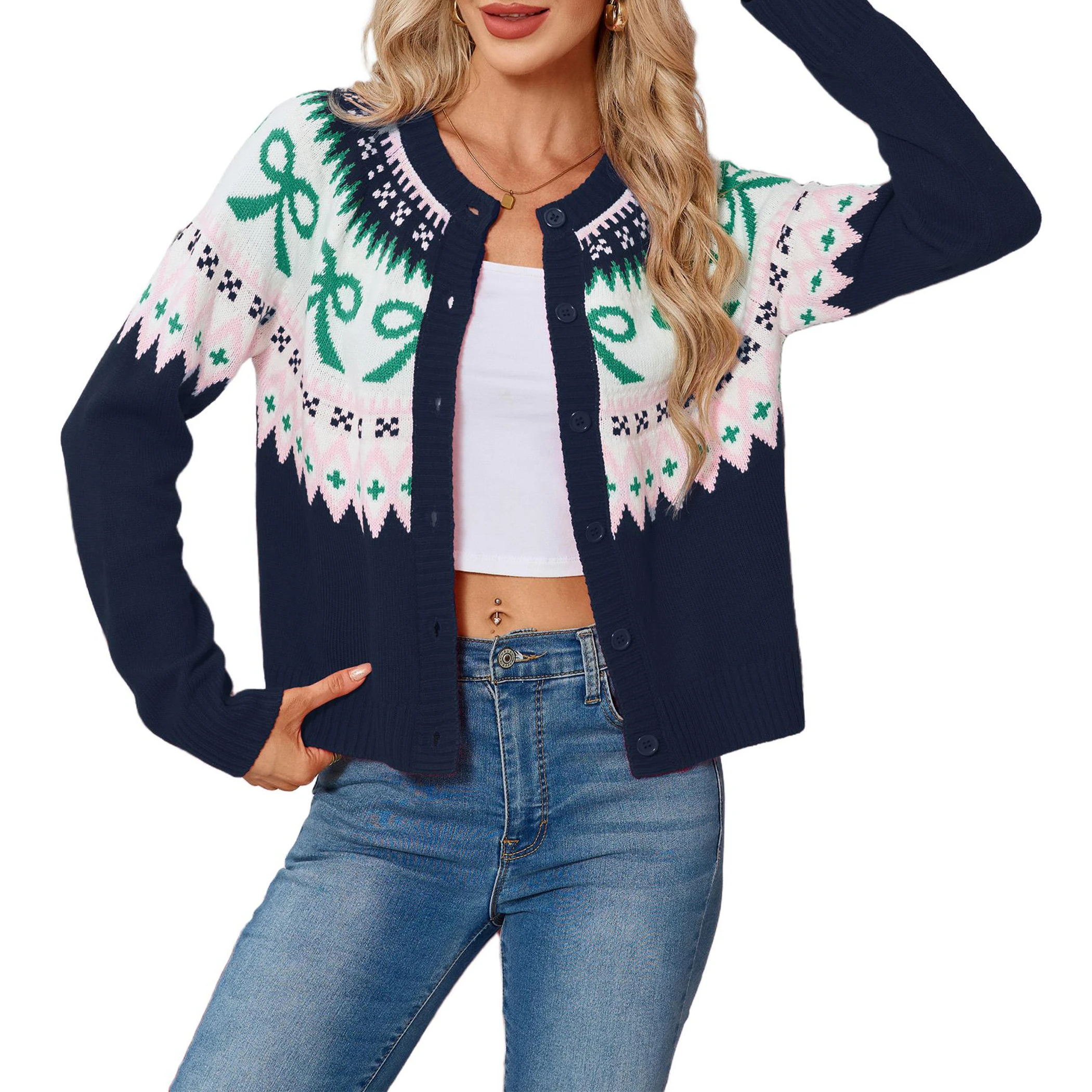 YesFashion Women's Christmas Cardigans Crew Neck Button Down Long Sleeve Party Ugly Holiday Sweaters