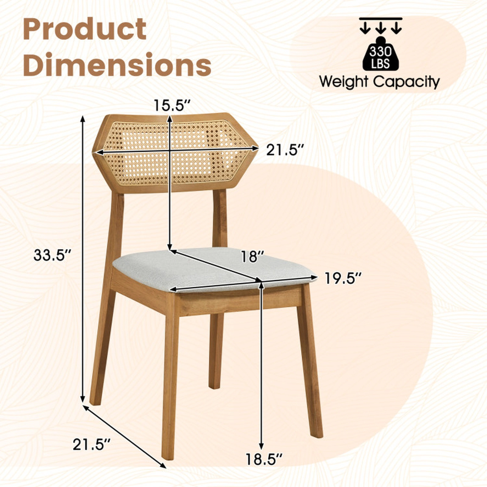 SUGIFT Mid Century Rattan Back Dining Chairs Set of 2 with Solid Wood Frame 330-lb Capacity 33.5-in Tall Natural/Black
