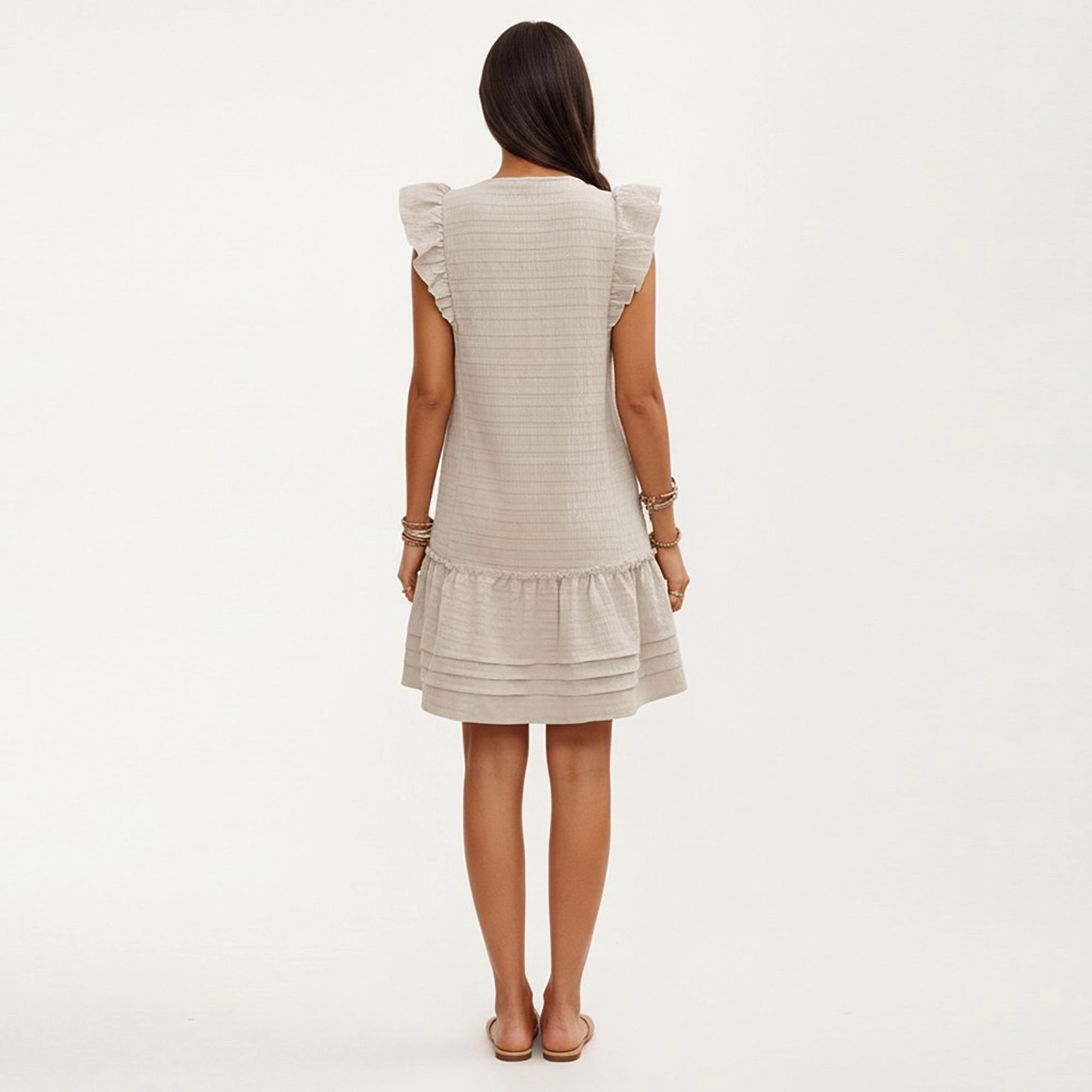 Anna-Kaci Women's Ruffle Tie Neck Detail Tiered Hem Mini Dress