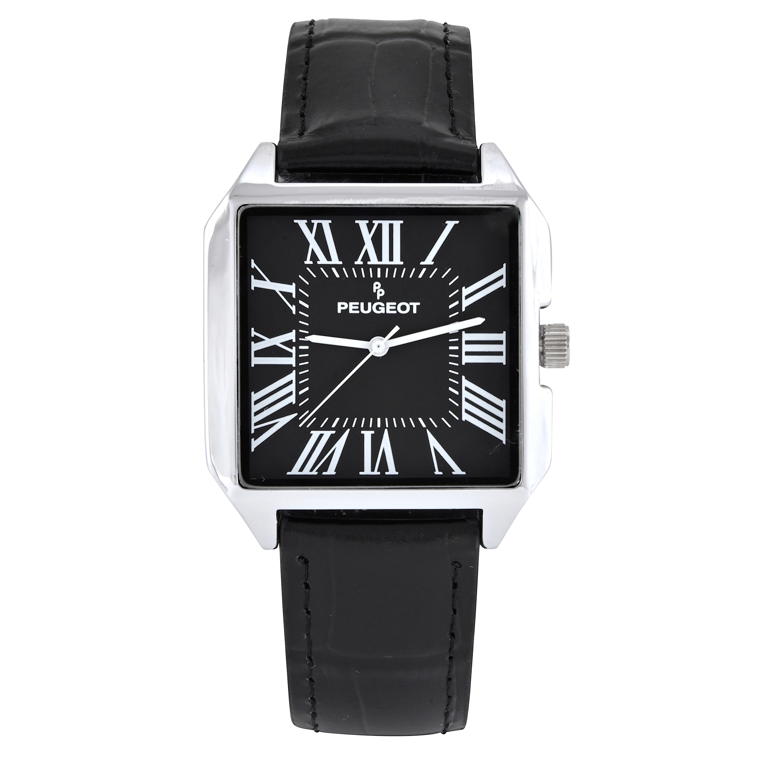 Peugept Men's Black Dial Square Vintage Dress Watch with Roman Numeral Dial and Black Leather Strap