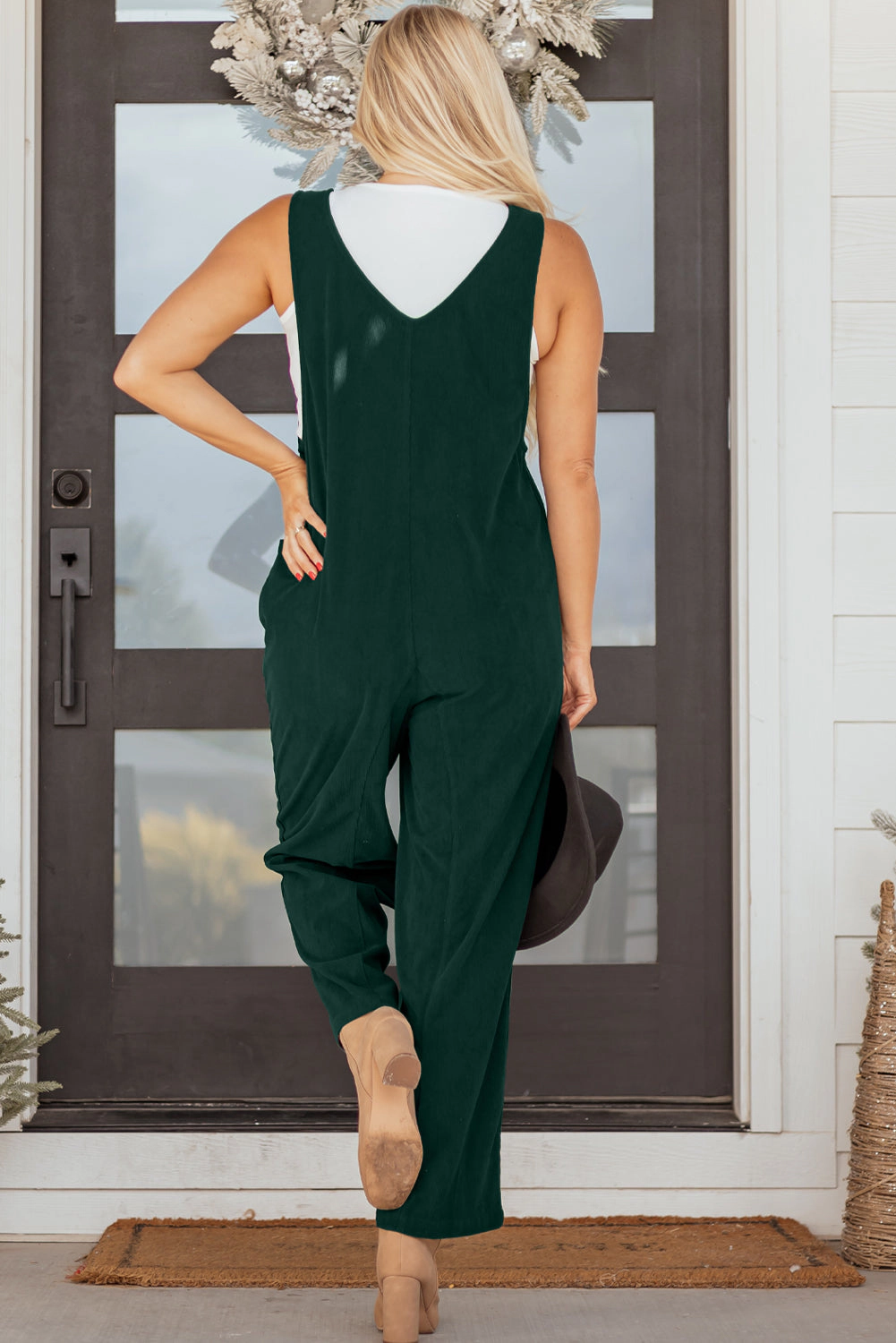 Threaded Pear Women's Elle Corduroy Patched Sleeveless Jumpsuit