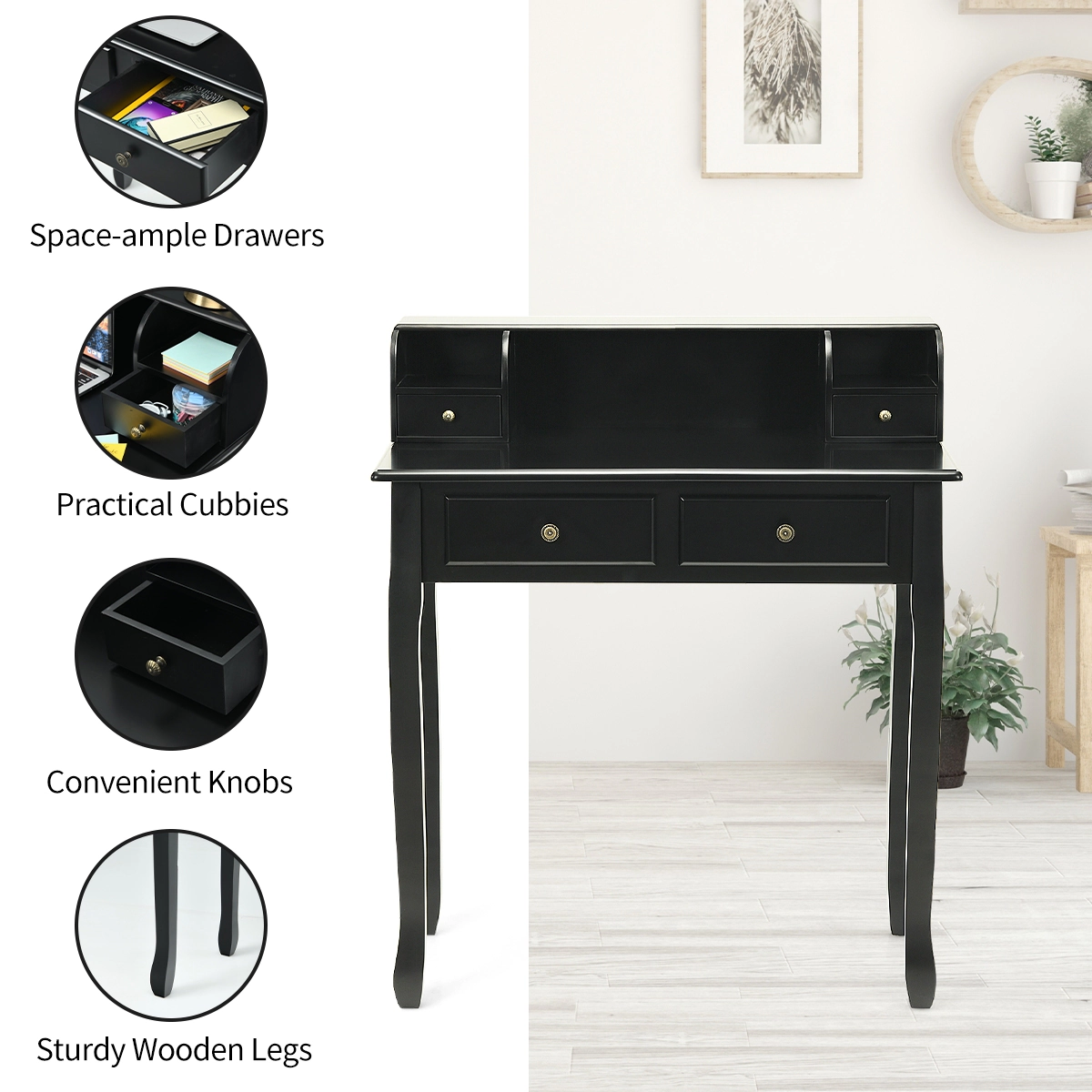 SUGIFT Black 2-Tier Vanity Writing Desk with 4 Drawers and Detachable Cabinet
