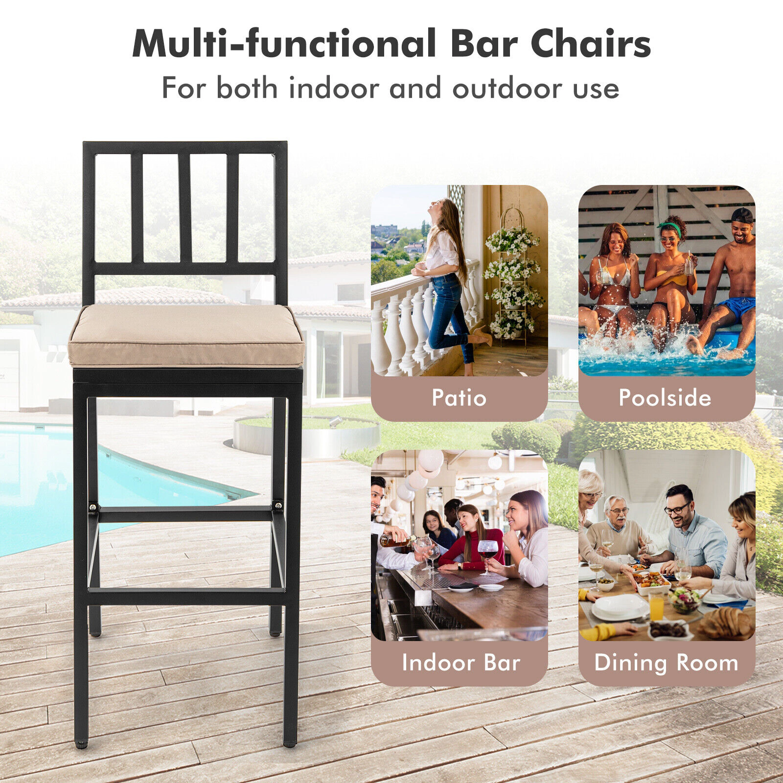 SUGIFT Set of 2 Black Metal Counter Height Bar Stools with Cushioned Backrests and Footrests