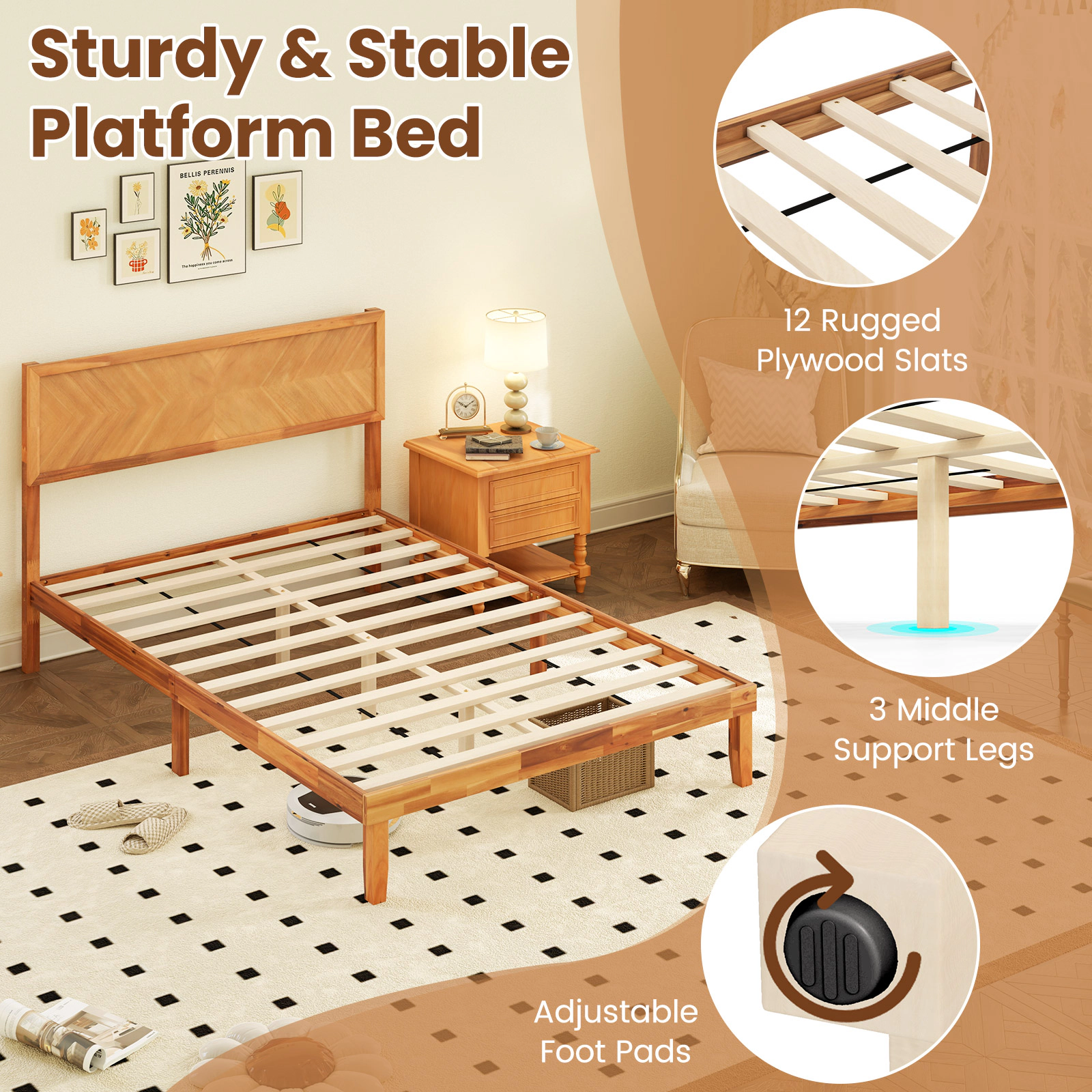 LJG Twin/Full/Queen Size Bed Frame with Headboard and Storage Space